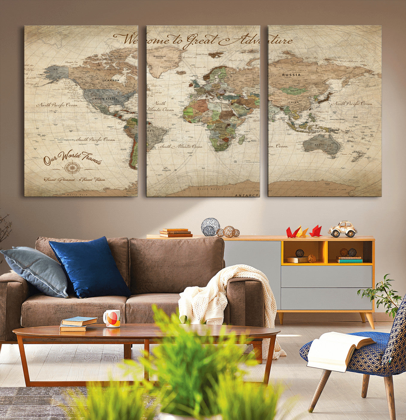 Rehber01-MGV-CV-36X24-Personalized Antique World Map Canvas Print – Custom Push Pin Travel Tracker Vintage Adventure Gift for Couples for Home, Office