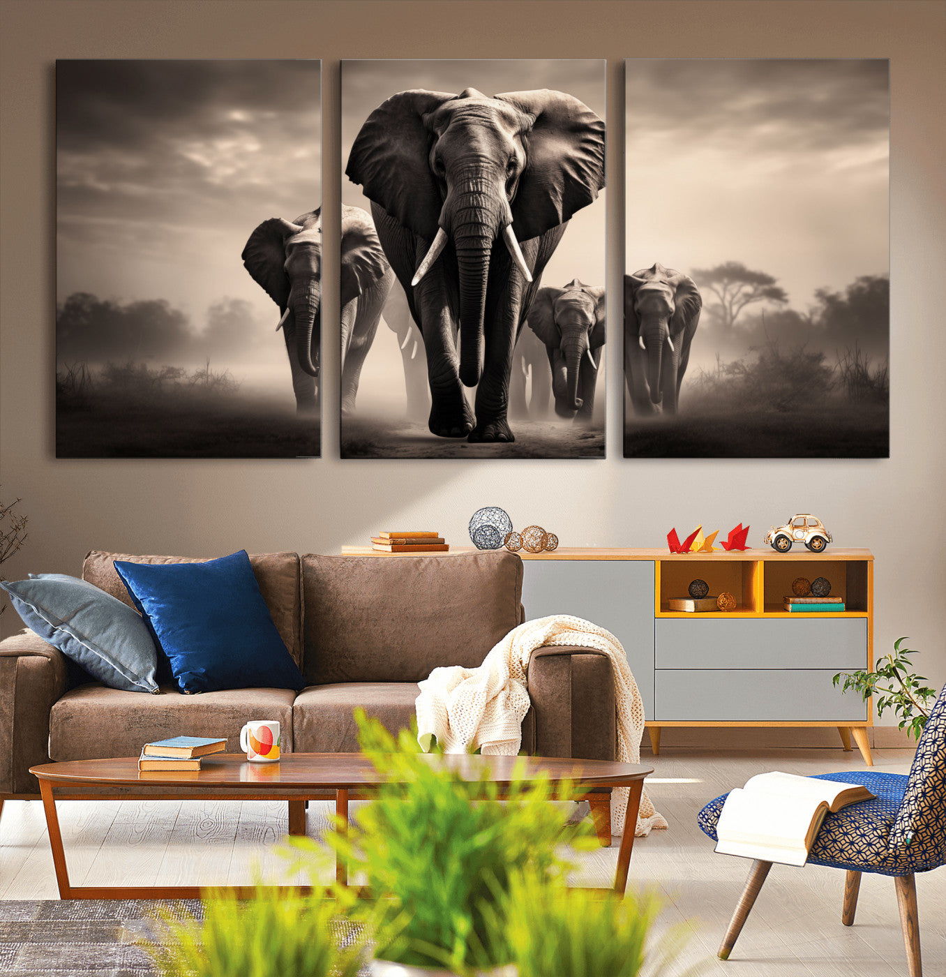 48598F10-MGV-CV-36X24-Elephant Family Wall Art Canvas Print, Framed Elephant Wall Art Home Decor