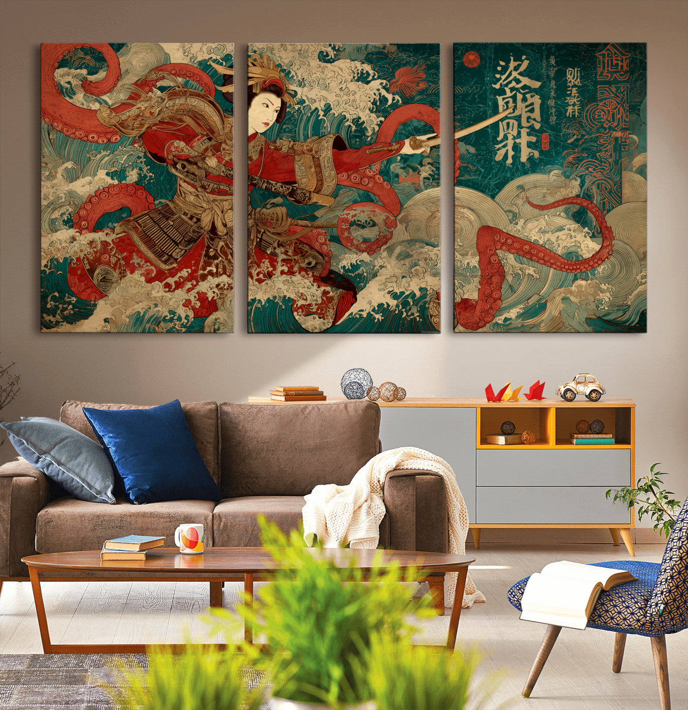 MGV-CV-60X30-3P - Tsukioka Yoshitoshi Samurai Wall Art Print, Japanese Katana Warrior Canvas Wall Art, Octopus Sea Monster Canvas Print,