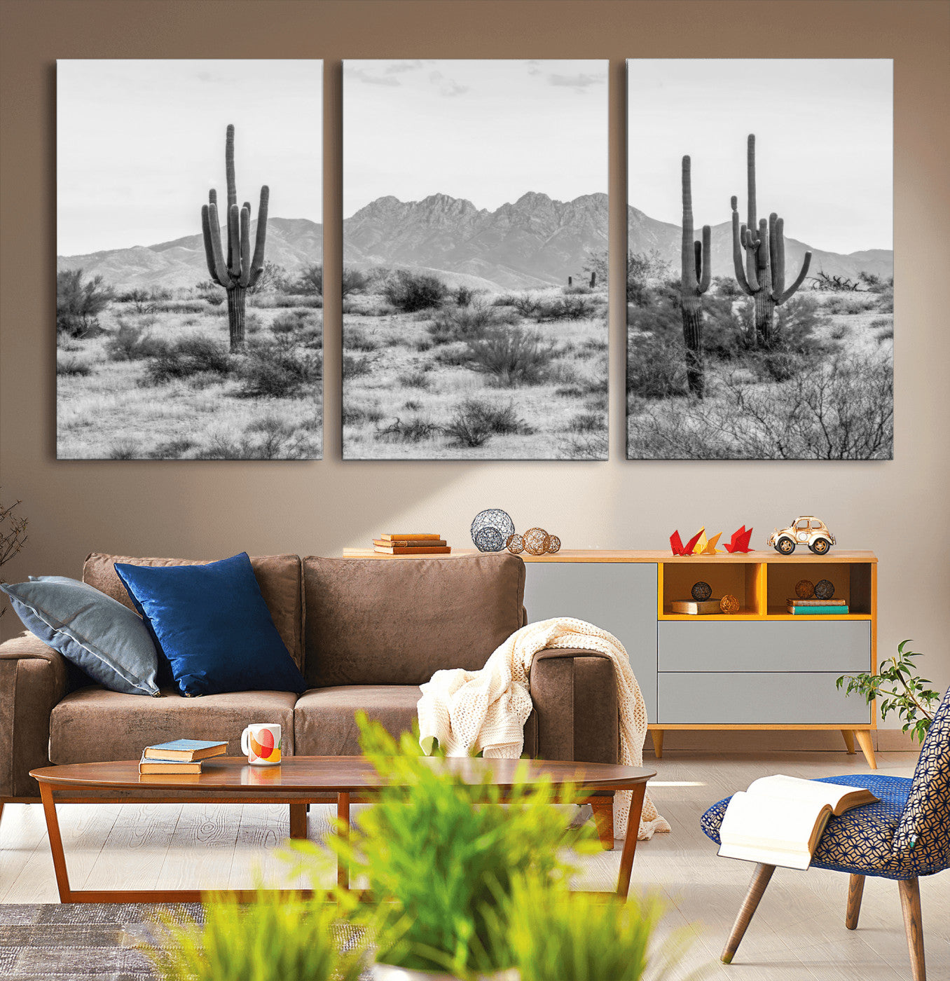 MGV-CV-60X30-3P - Black White Arizona Desert Canvas Wall Art Cactus Farmhouse Wall Art