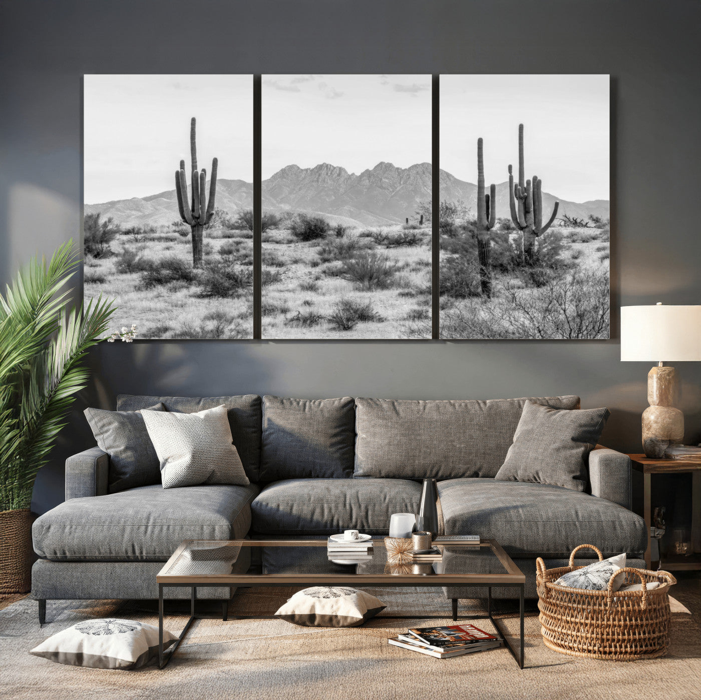 97436PHN-MGV-CV-36X24 - Black White Arizona Desert Canvas Wall Art Cactus Farmhouse Wall Art
