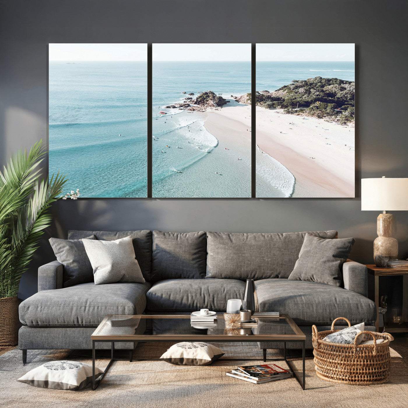 79395467-MGV-CV-36X24 - Aerial Beach Wall Art Canvas Print, Coastal Ocean Waves and Surfers Scenic Seaside Artwork for Home, Office Decor