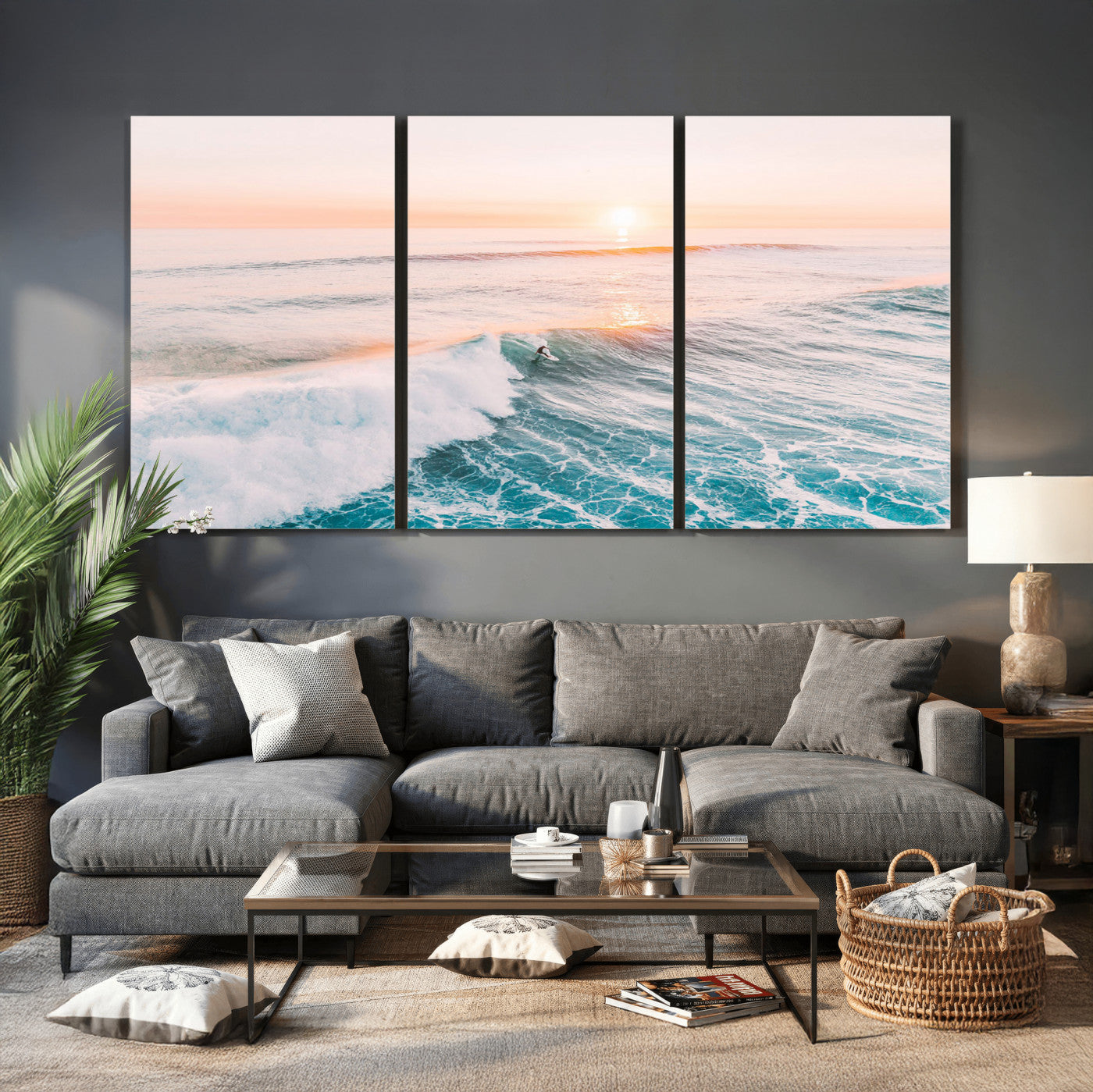 34064591-MGV-CV-36X24 - Sunset Surfing Wall Art Canvas Print, Ocean Wave Surfer with Golden Sky Artwork for Home, Office, Living Room