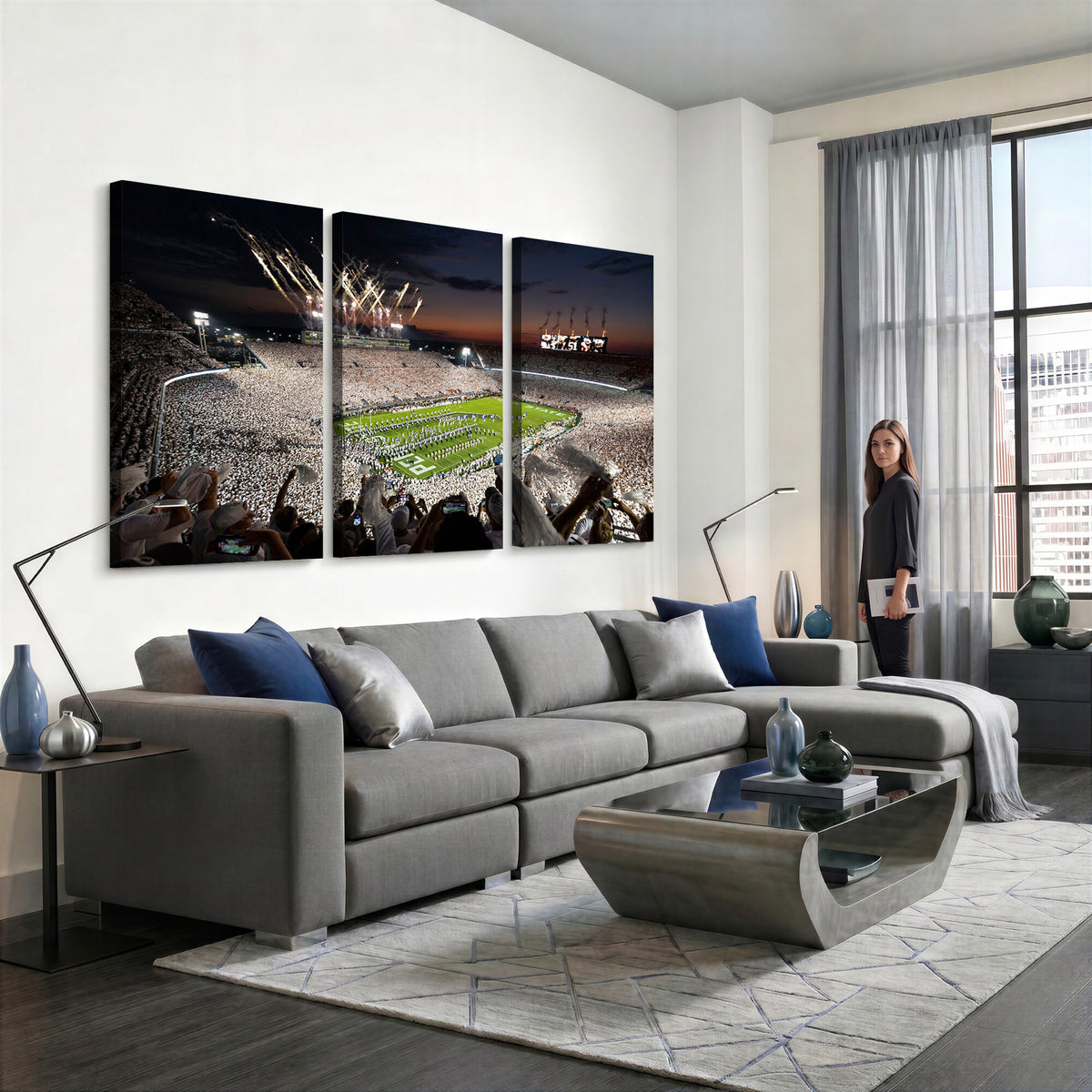 11221988-MGV-CV-36X24 - Epic Night Football Stadium Wall Art Canvas Print, Fireworks and Crowd