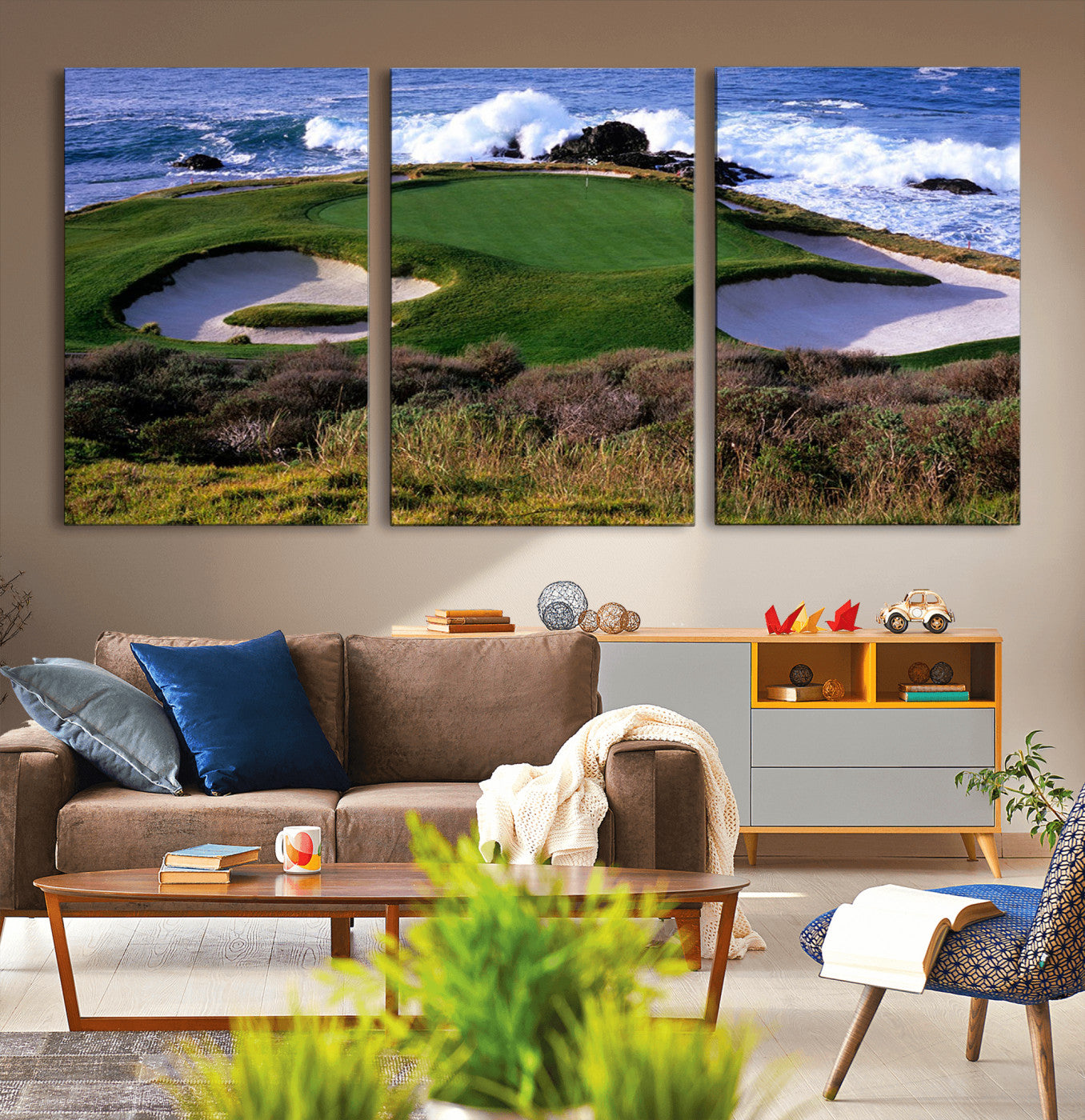 22776914-MGV-CV-36X24-Ocean Cliff Golf Green Canvas Print – Framed Majestic Coastal Scene with Lush Green Artwork for Home, Office
