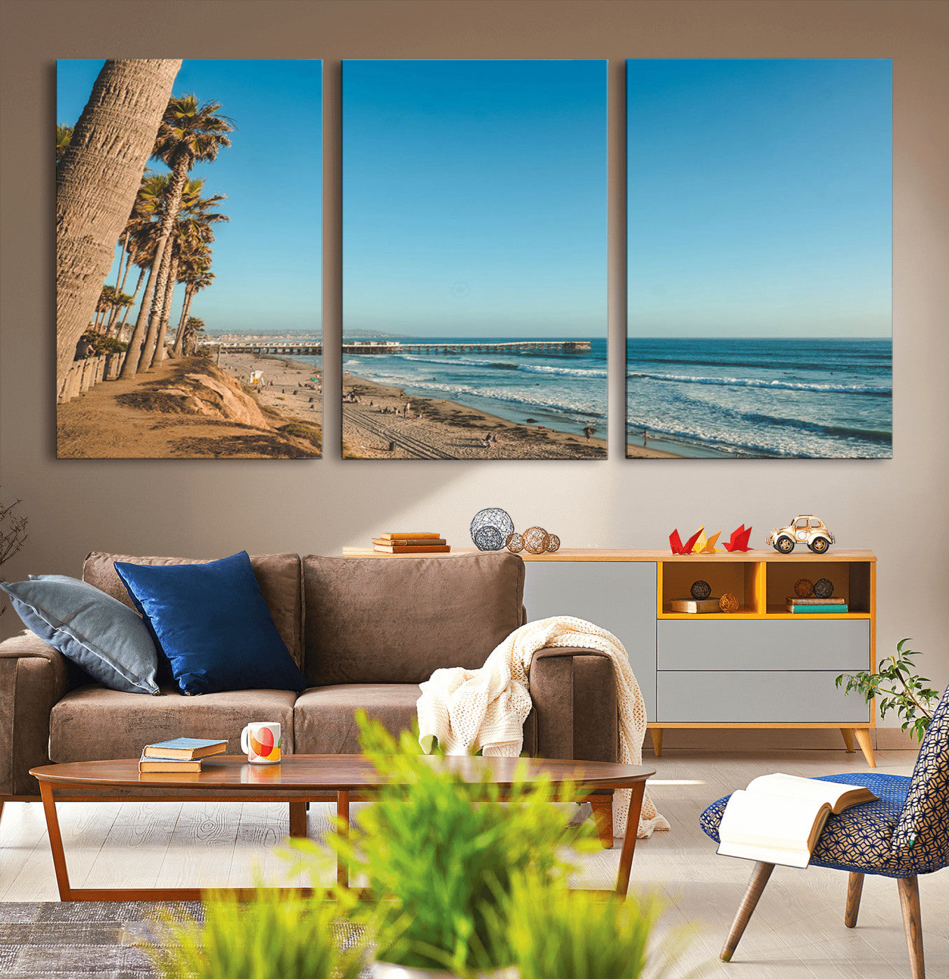 MGV-CV-60X30-3P - Scenic Beach with Tall Palm Trees, Sandy Shore, and Long Pier Stretching into the Calm Ocean Under