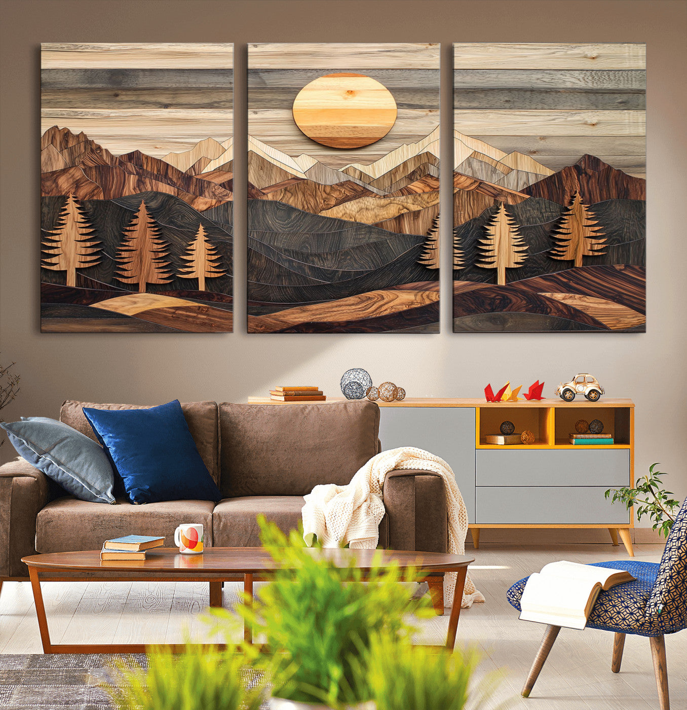 19832326-MGV-CV-60X30-3P - Wooden Mountain Landscape Layered Texture Geometric Shapes Sun Pine Trees Rustic Natural Tones Art