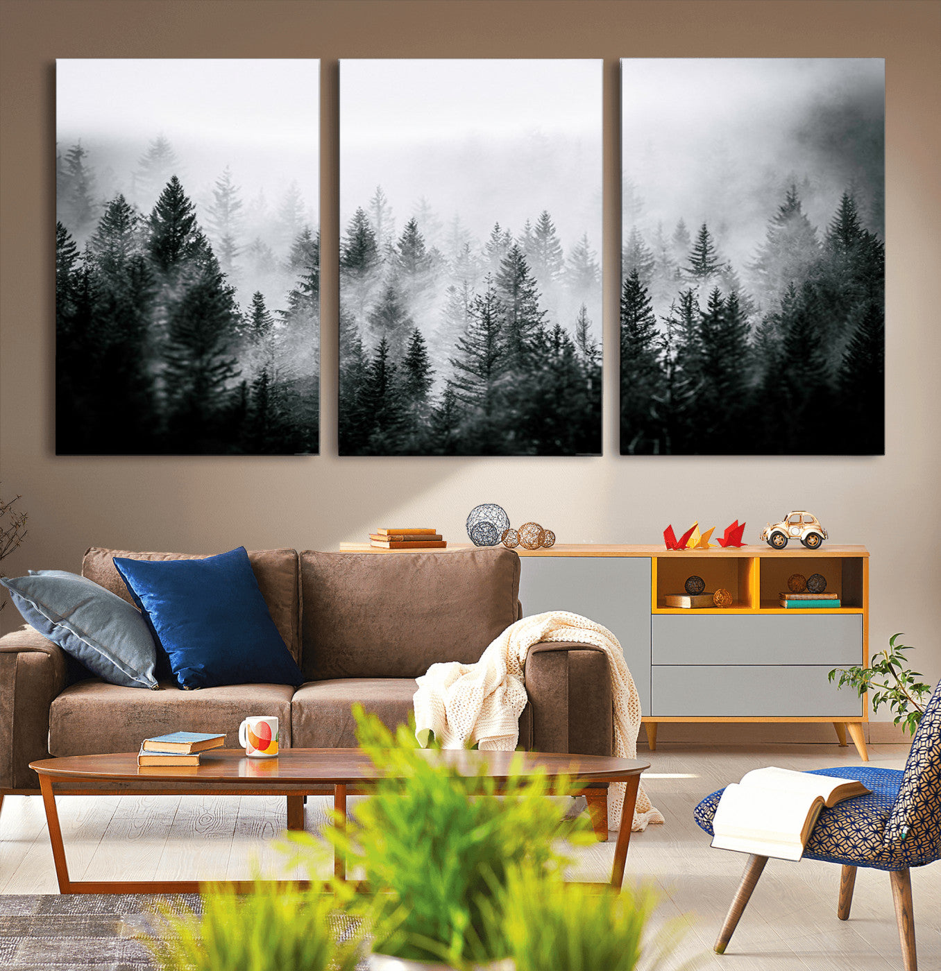 87750525-MGV-CV-60X30-3P-Foggy Pine Forest Wall Art – Black White Nature Landscape Canvas Artwork, Misty Trees Design, Modern Decor for Home, Office