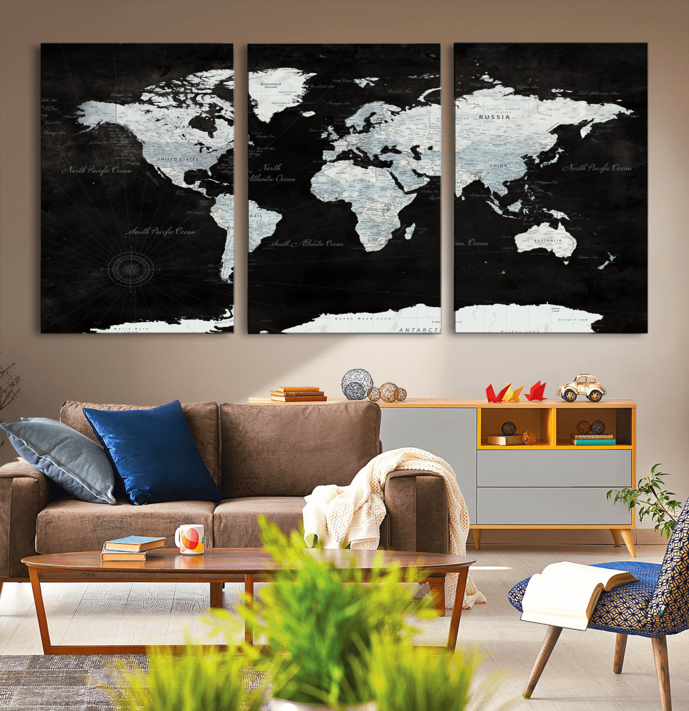 30759283-MGV-CV-60X30-3P - World Map Wall Art Canvas Print, Modern Decorative Framed Map Artwork Prints for Living Room, Office, Bedroom Wall Decor