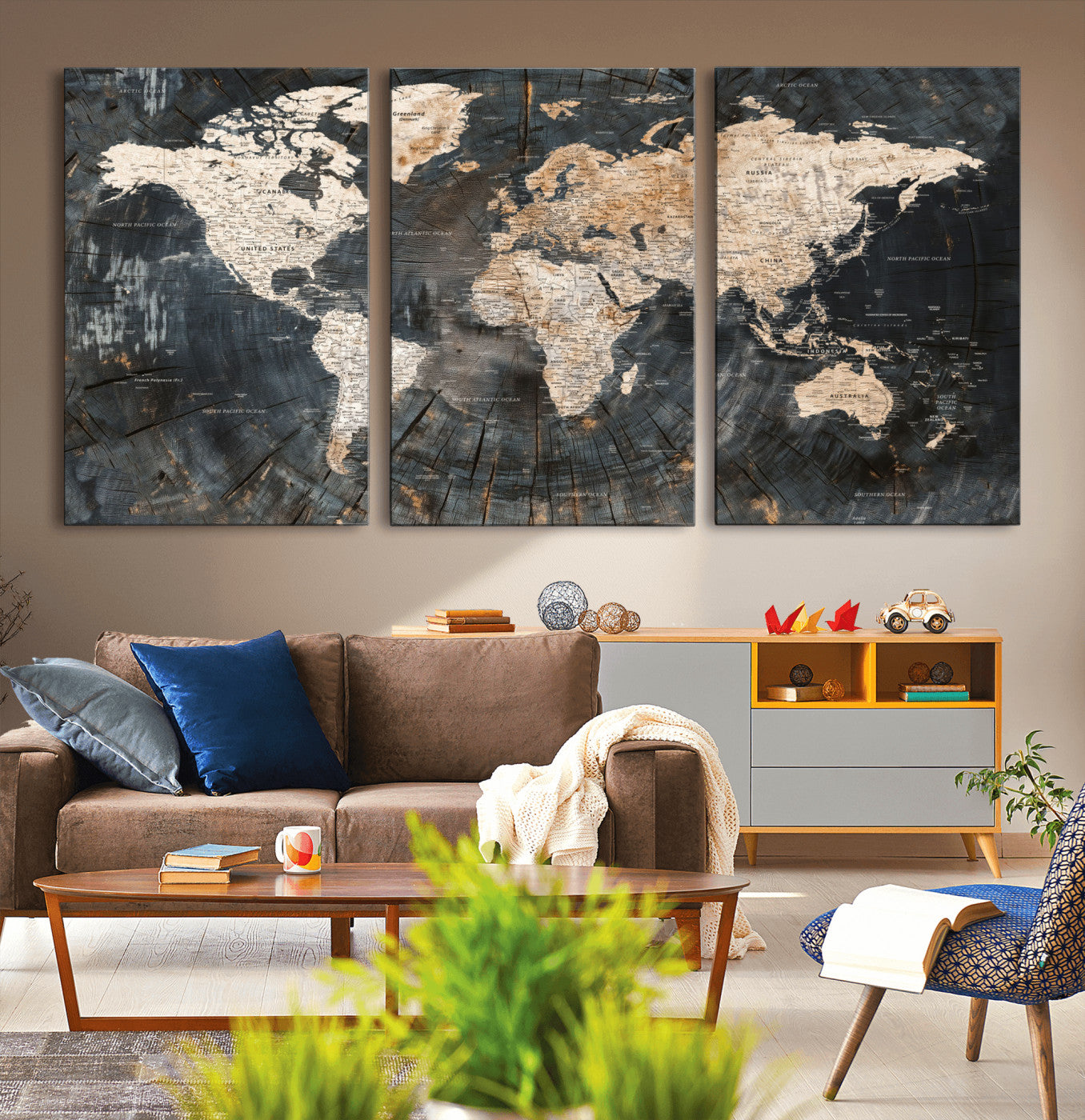 57626704-MGV-CV-60X30-3P - World Map Wall Art Canvas Print, Modern Decorative Framed Map Artwork Prints for Living Room, Office, Bedroom Wall Decor