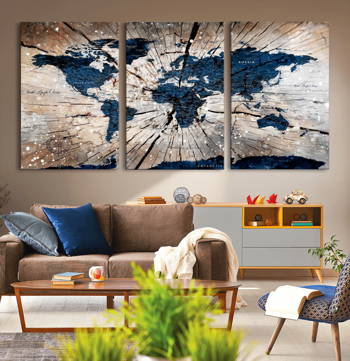 99001695-MGV-CV-60X30-3P - World Map Wall Art Canvas Print, Modern Decorative Framed Map Artwork Prints for Living Room, Office, Bedroom Wall Decor