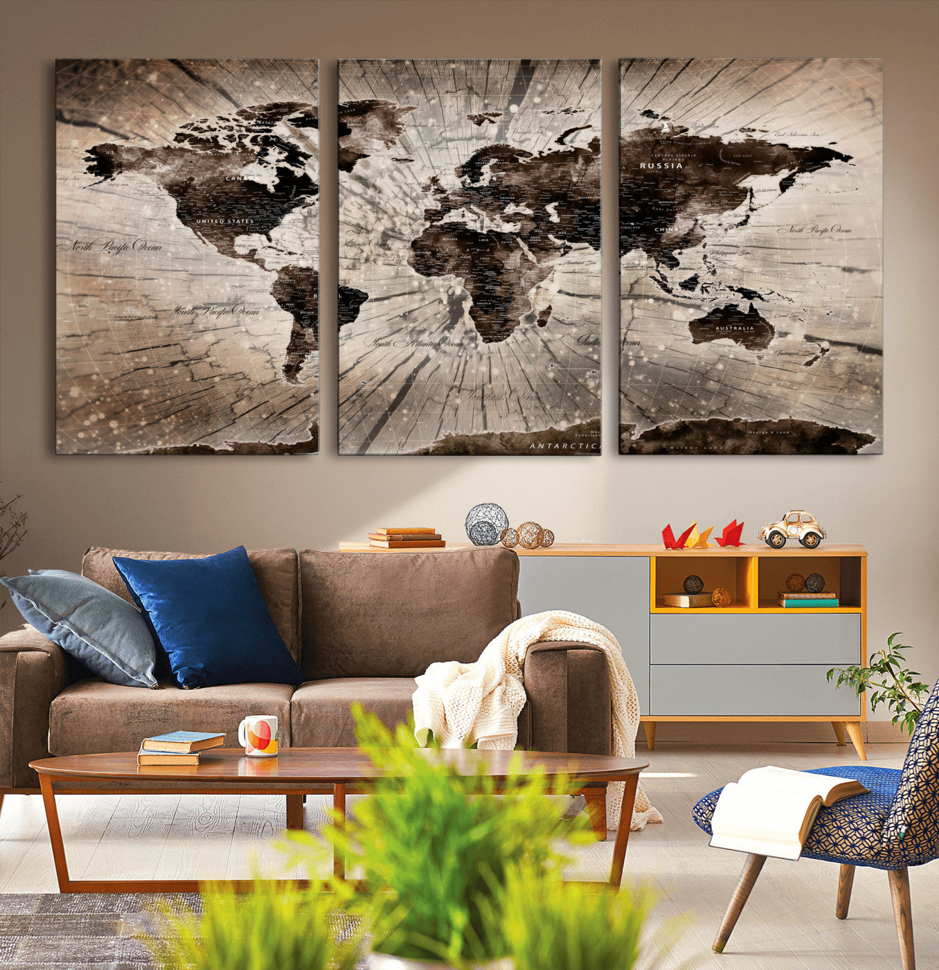 35326624-MGV-CV-60X30-3P - World Map Wall Art Canvas Print, Modern Decorative Framed Map Artwork Prints for Living Room, Office, Bedroom Wall Decor