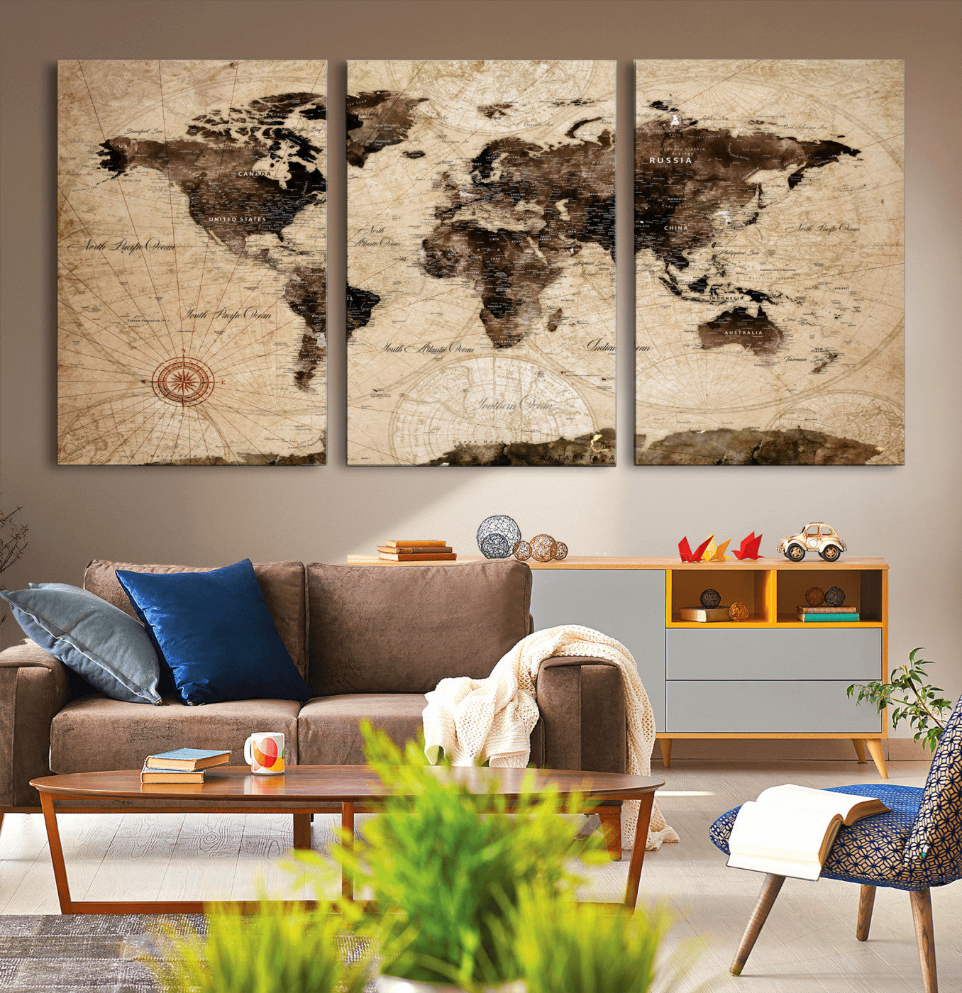 97114757-MGV-CV-60X30-3P - World Map Wall Art Canvas Print, Modern Decorative Framed Map Artwork Prints for Living Room, Office, Bedroom Wall Decor