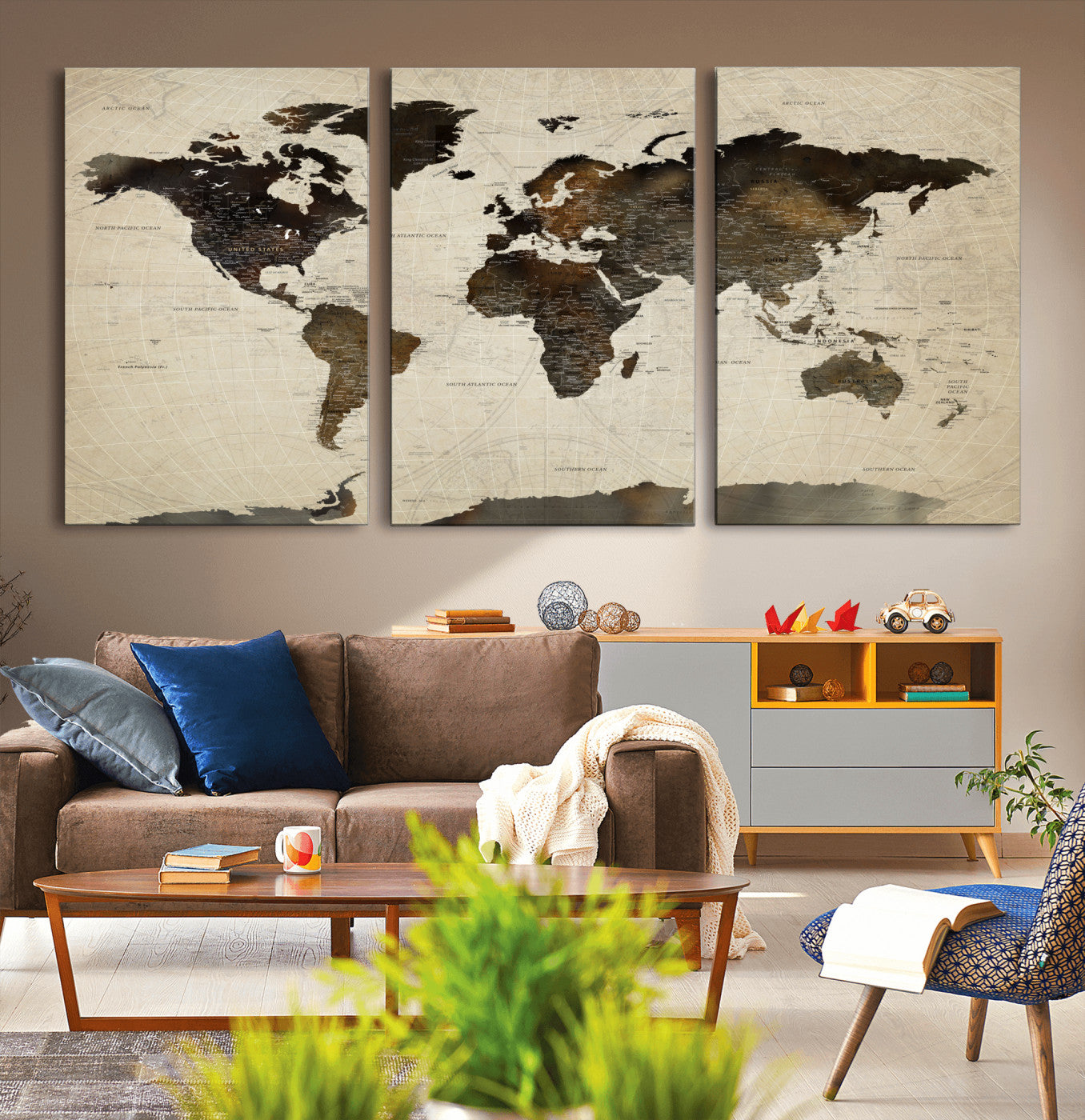 81771296-MGV-CV-60X30-3P - World Map Wall Art Canvas Print, Modern Decorative Framed Map Artwork Prints for Living Room, Office, Bedroom Wall Decor