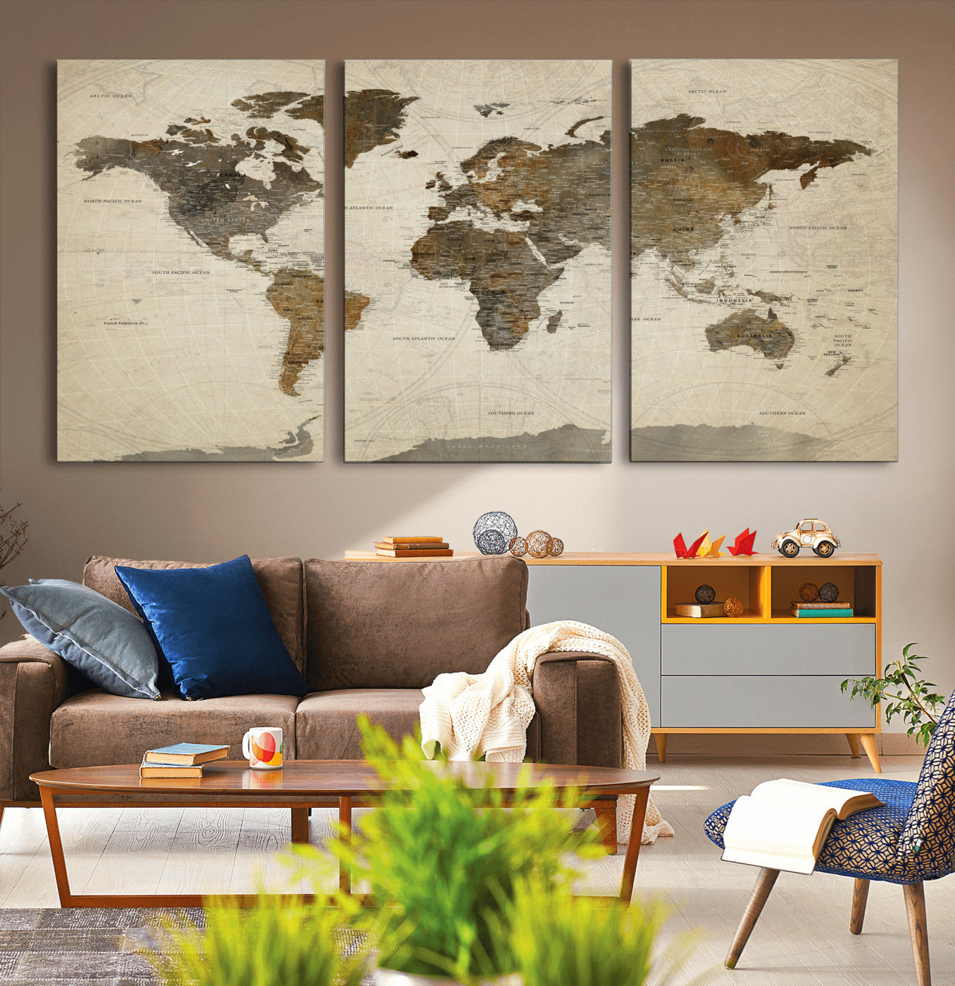 91849163-MGV-CV-60X30-3P - World Map Wall Art Canvas Print, Modern Decorative Framed Map Artwork Prints for Living Room, Office, Bedroom Wall Decor