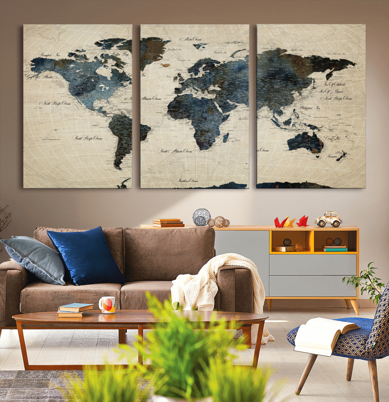 33438443-MGV-CV-60X30-3P - World Map Wall Art Canvas Print, Modern Decorative Framed Map Artwork Prints for Living Room, Office, Bedroom Wall Decor