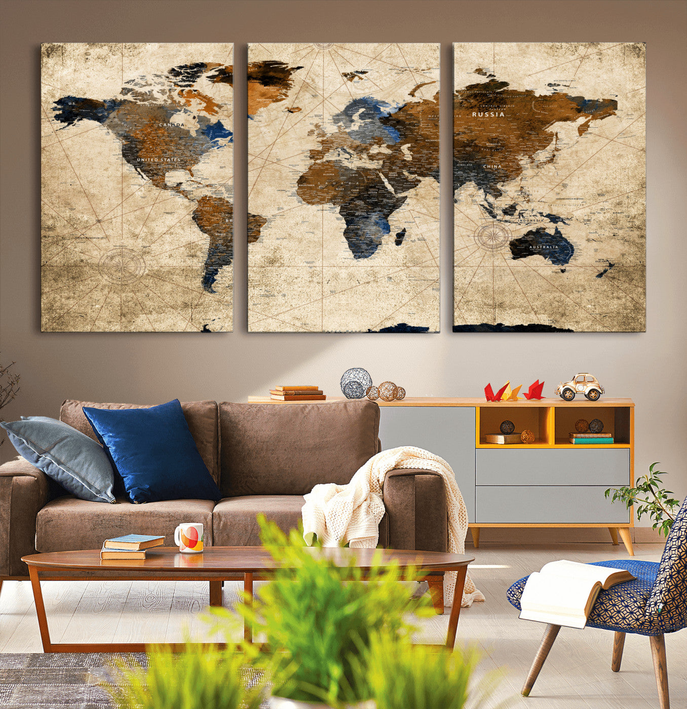 56297284-MGV-CV-60X30-3P - World Map Wall Art Canvas Print, Modern Decorative Framed Map Artwork Prints for Living Room, Office, Bedroom Wall Decor