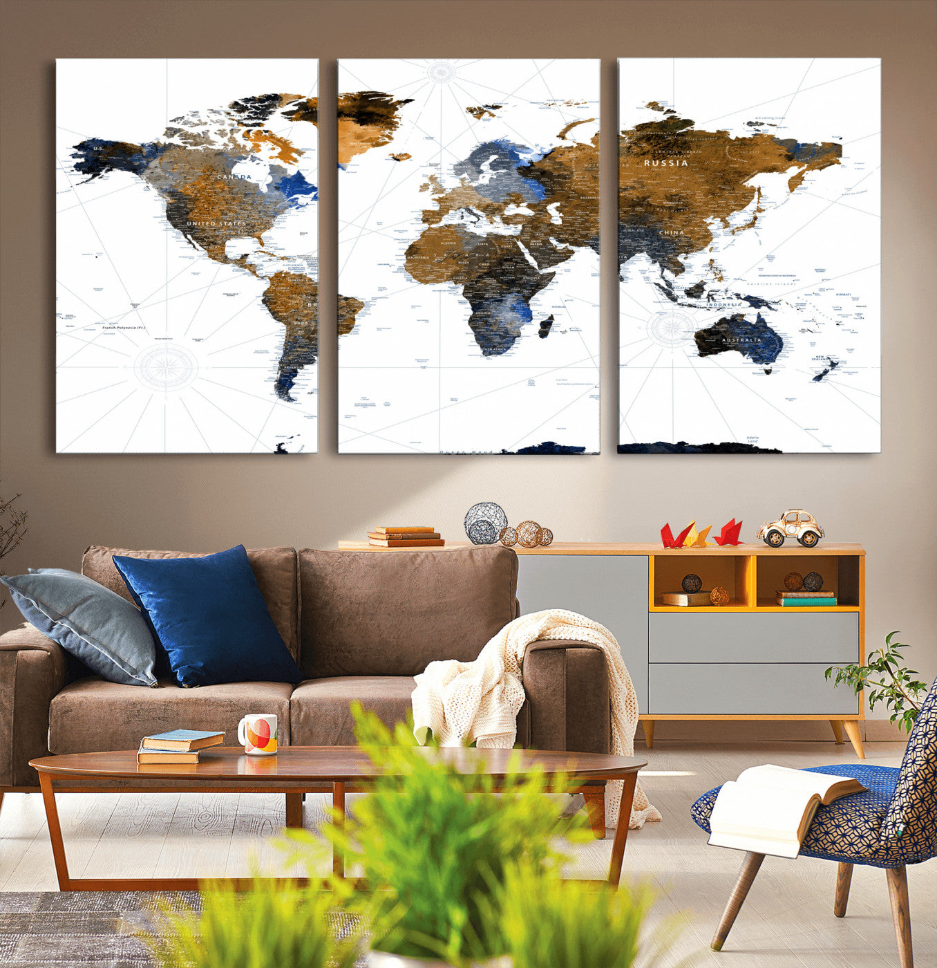 40862517-MGV-CV-60X30-3P - World Map Wall Art Canvas Print, Modern Decorative Framed Map Artwork Prints for Living Room, Office, Bedroom Wall Decor