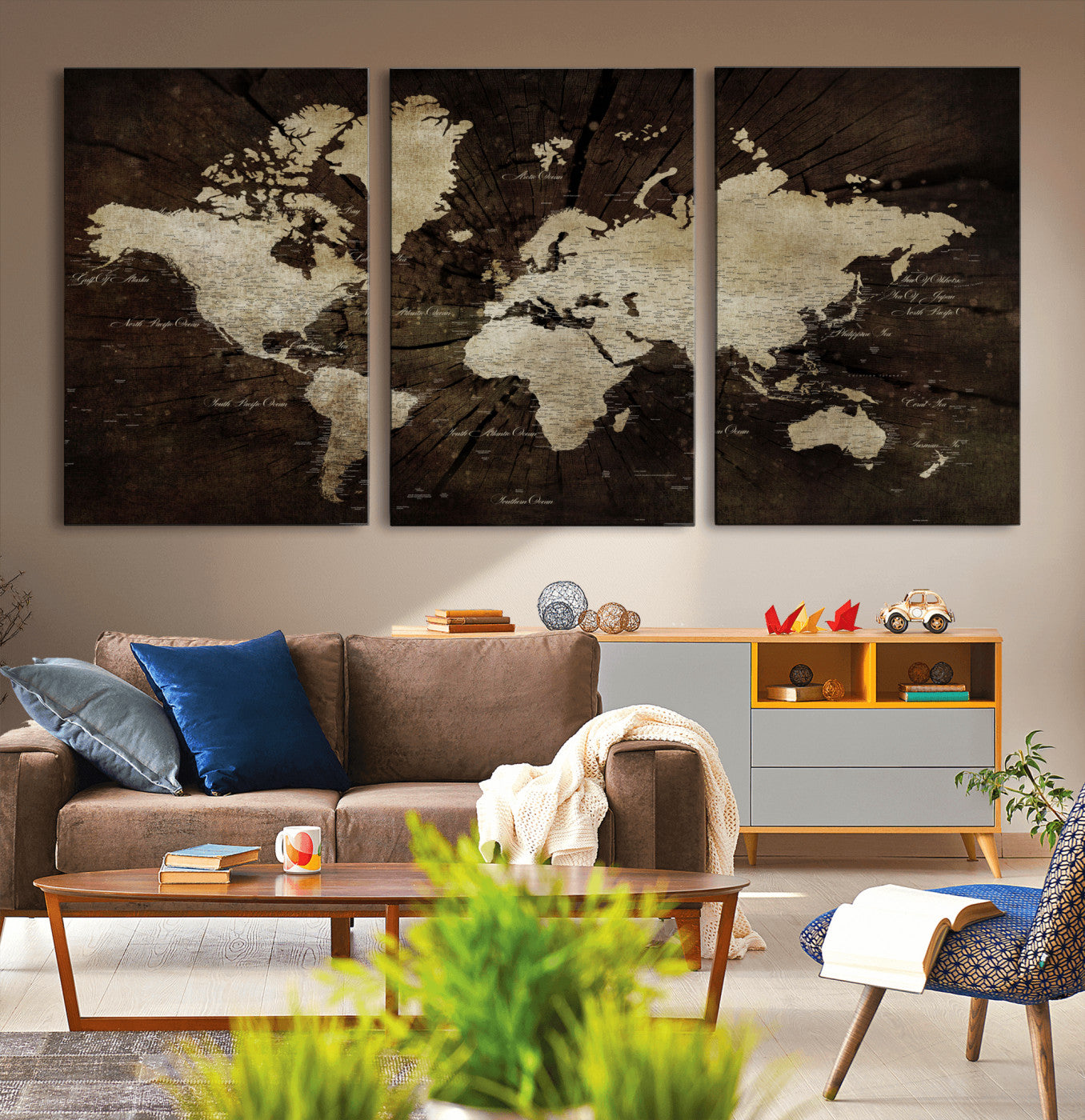 24010397-MGV-CV-60X30-3P - World Map Wall Art Canvas Print, Modern Decorative Framed Map Artwork Prints for Living Room, Office, Bedroom Wall Decor
