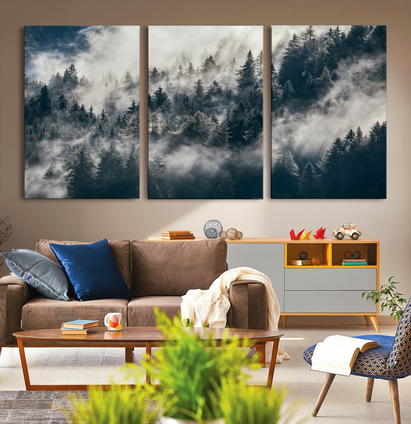 270372951-MGV-CV-60X30-3P - Misty Pine Forest Canvas Wall Art – Dark Forest Mountaing and Nature Landscape Print, Horizontal Canvas Print