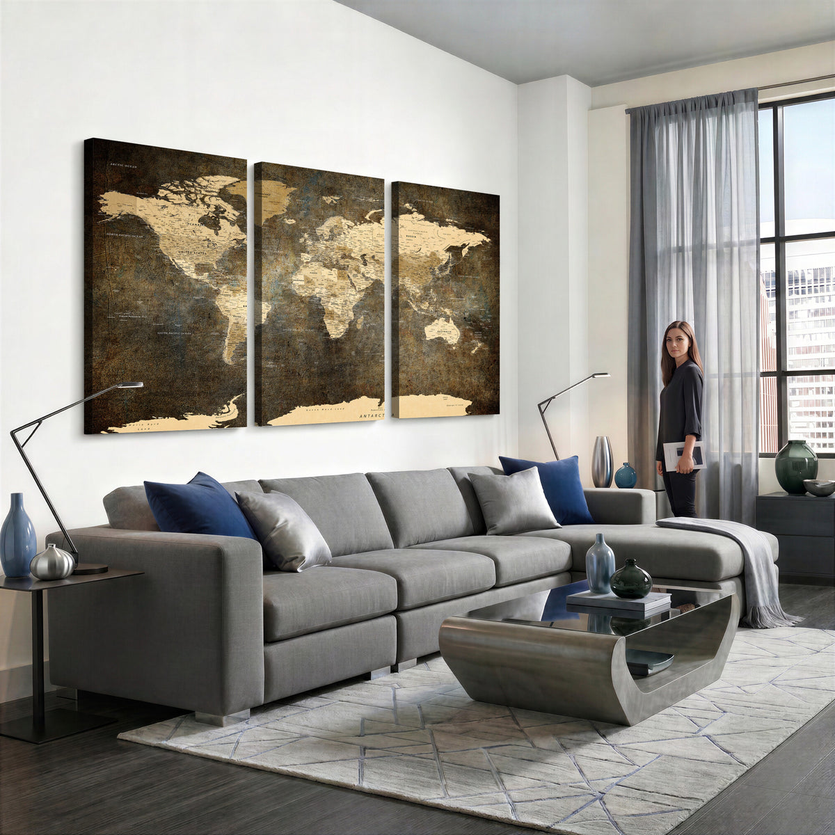 89742472-MGV-CV-36X24 - Large Framed Vintage World Map Wall Art Print for Home Wall