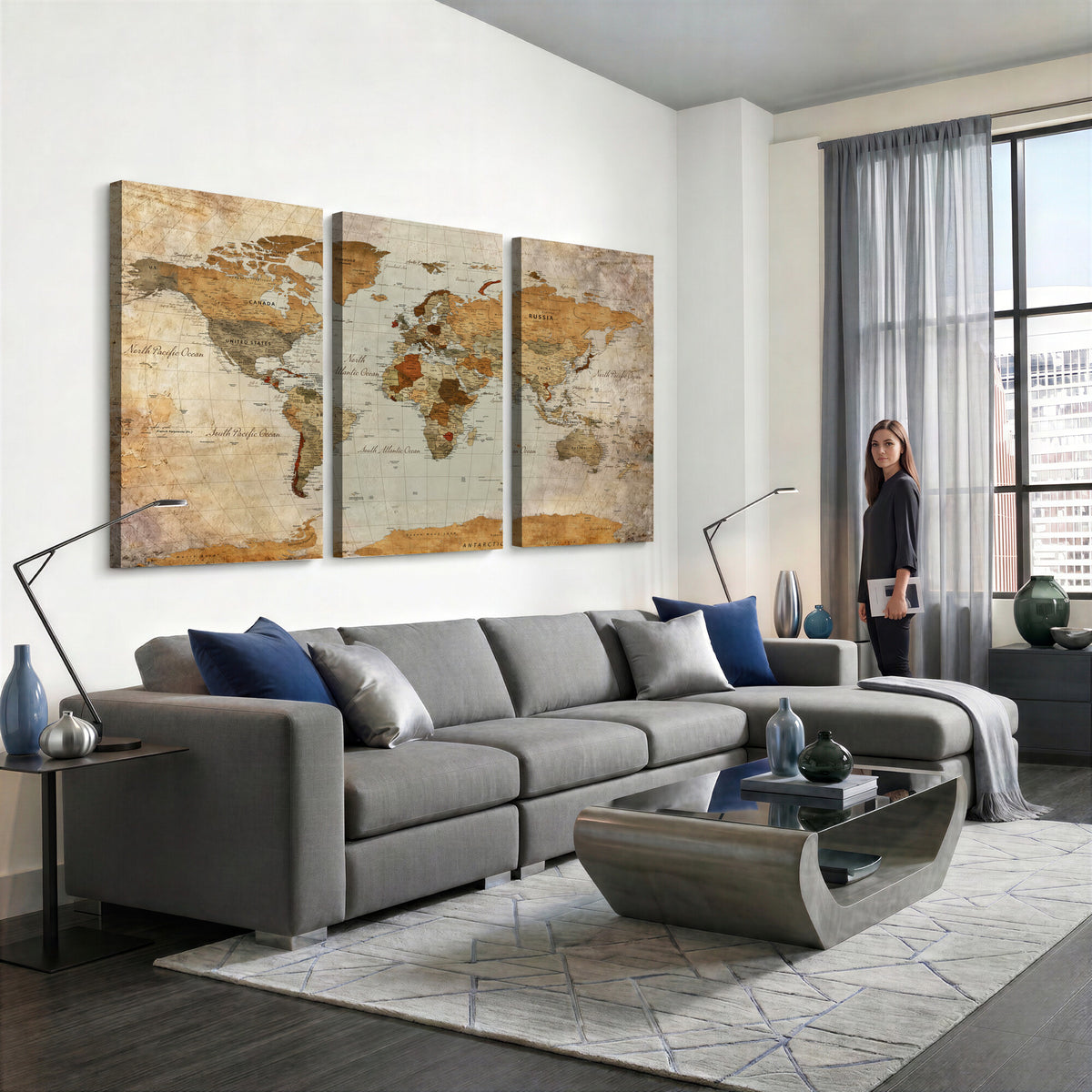 74176056-MGV-CV-36X24 - World Map Wall Art Canvas Print, Modern Decorative Framed Map Artwork Prints for Living Room, Office, Bedroom Wall Decor