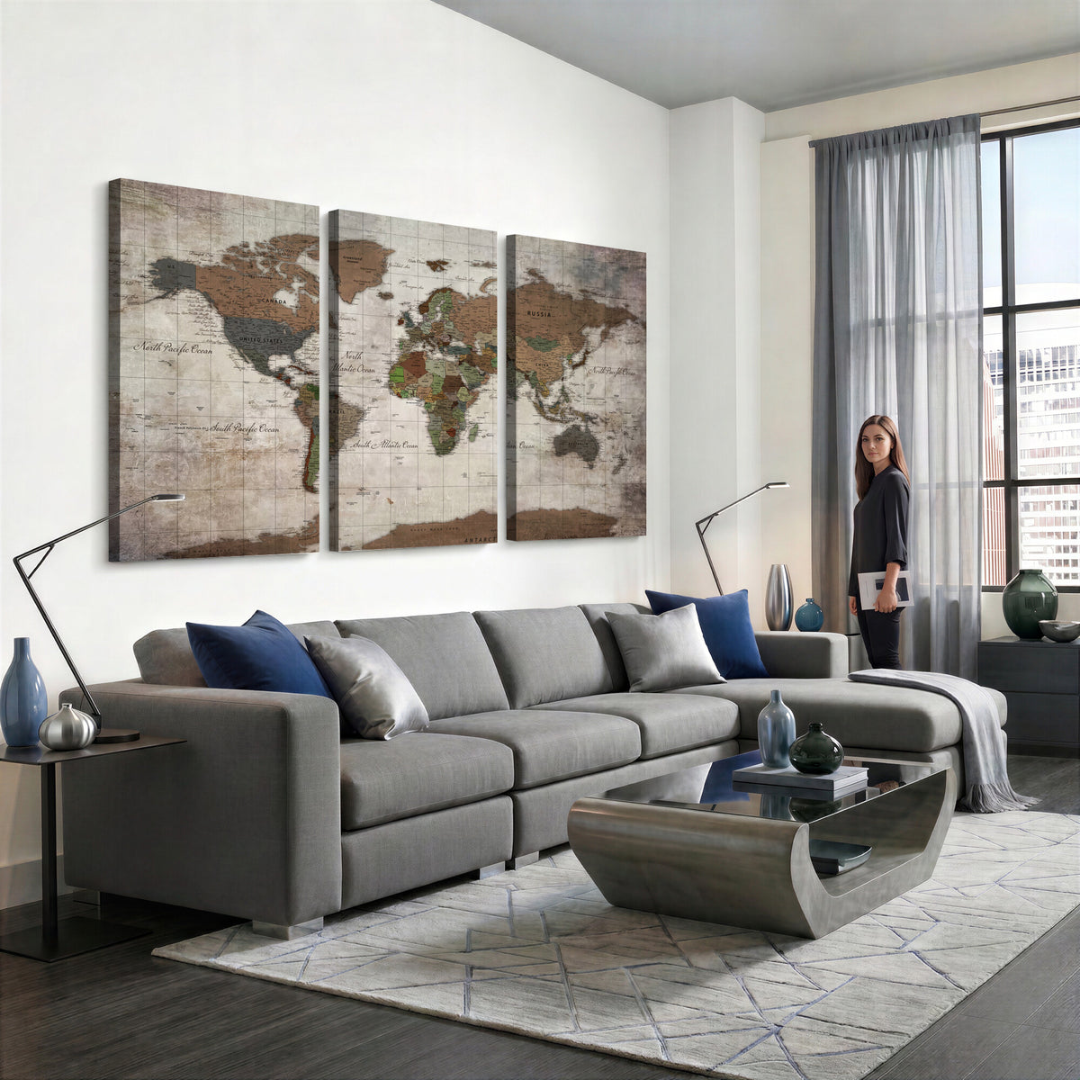 65393892-MGV-CV-36X24 - World Map Wall Art Canvas Print, Modern Decorative Framed Map Artwork Prints for Living Room, Office, Bedroom Wall Decor