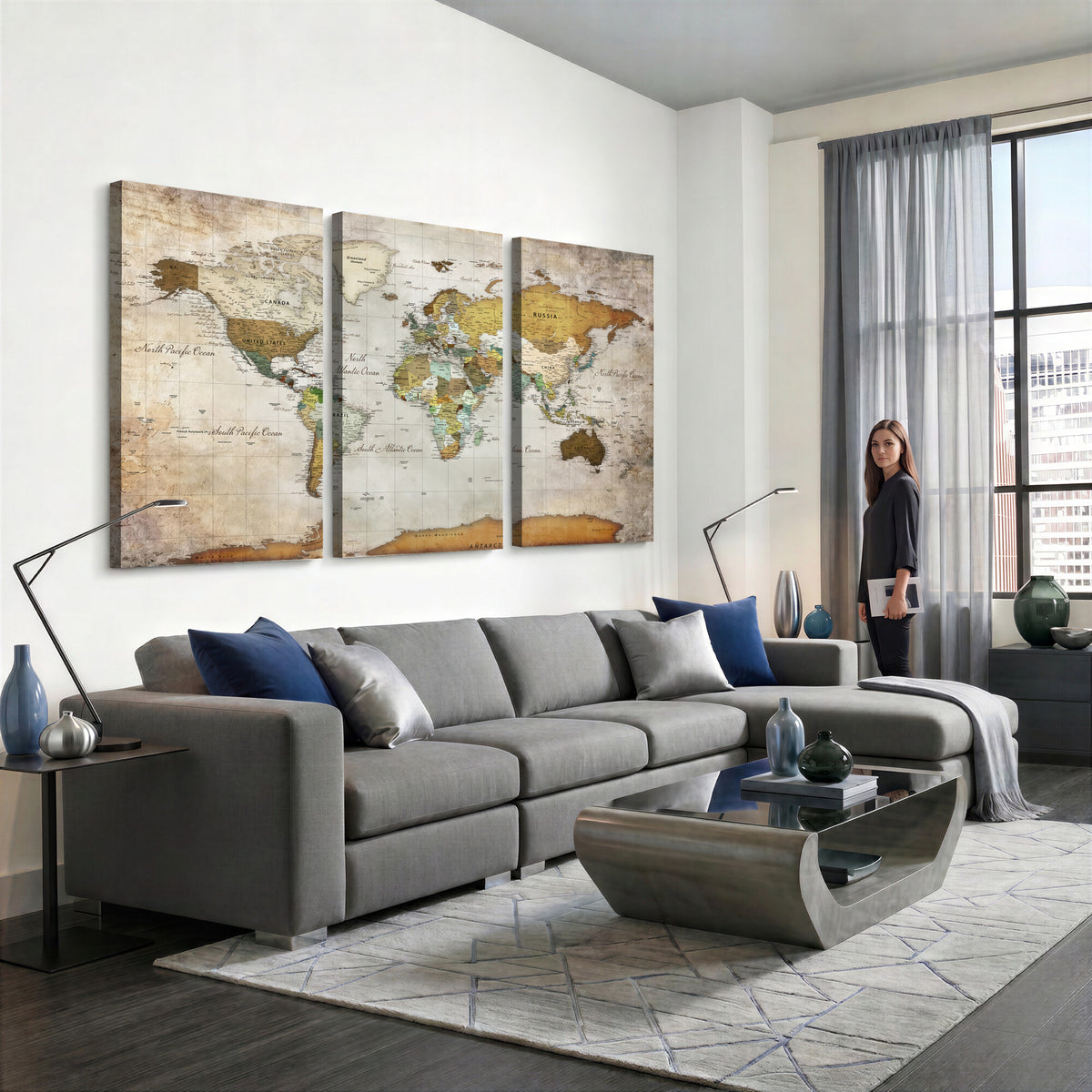 86108417-MGV-CV-36X24 - World Map Wall Art Canvas Print, Modern Decorative Framed Map Artwork Prints for Living Room, Office, Bedroom Wall Decor