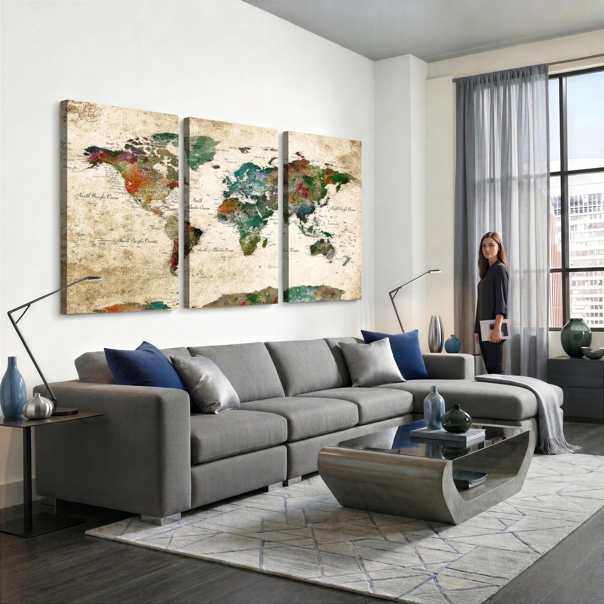 87544591-MGV-CV-36X24 - World Map Wall Art Canvas Print, Modern Decorative Framed Map Artwork Prints for Living Room, Office, Bedroom Wall Decor