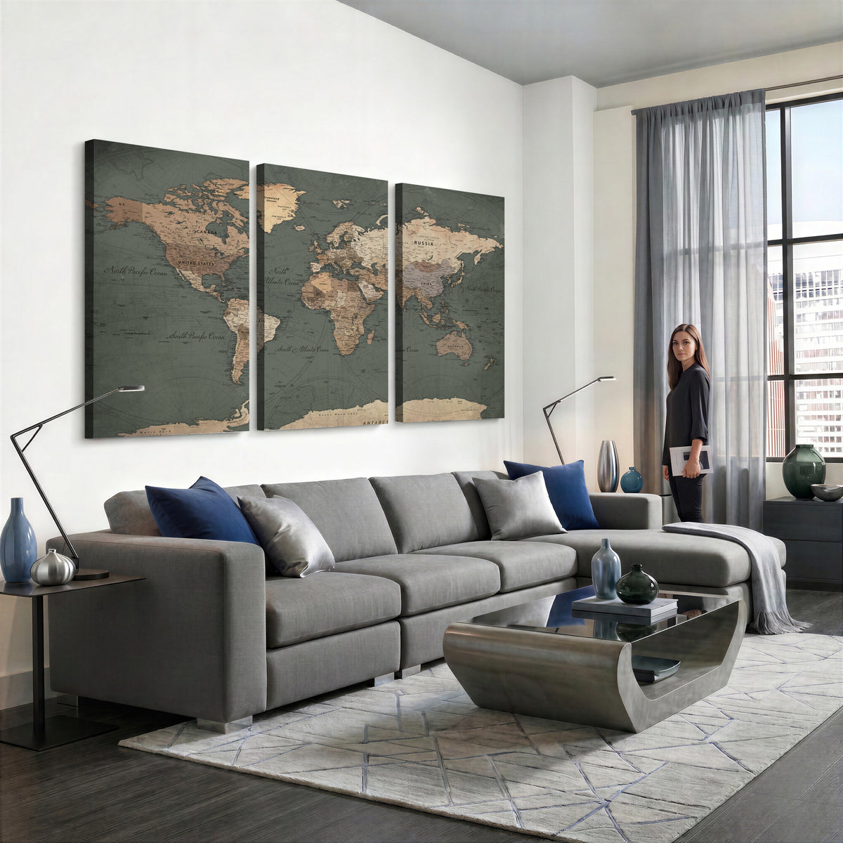84619399-MGV-CV-36X24 - World Map Wall Art Canvas Print, Modern Decorative Framed Map Artwork Prints for Living Room, Office, Bedroom Wall Decor