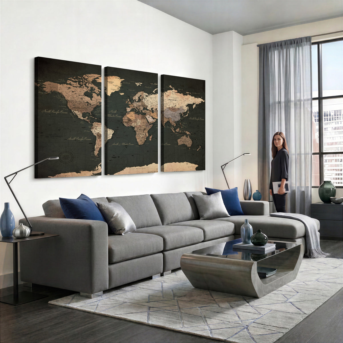 62059333-MGV-CV-36X24 - World Map Wall Art Canvas Print, Modern Decorative Framed Map Artwork Prints for Living Room, Office, Bedroom Wall Decor