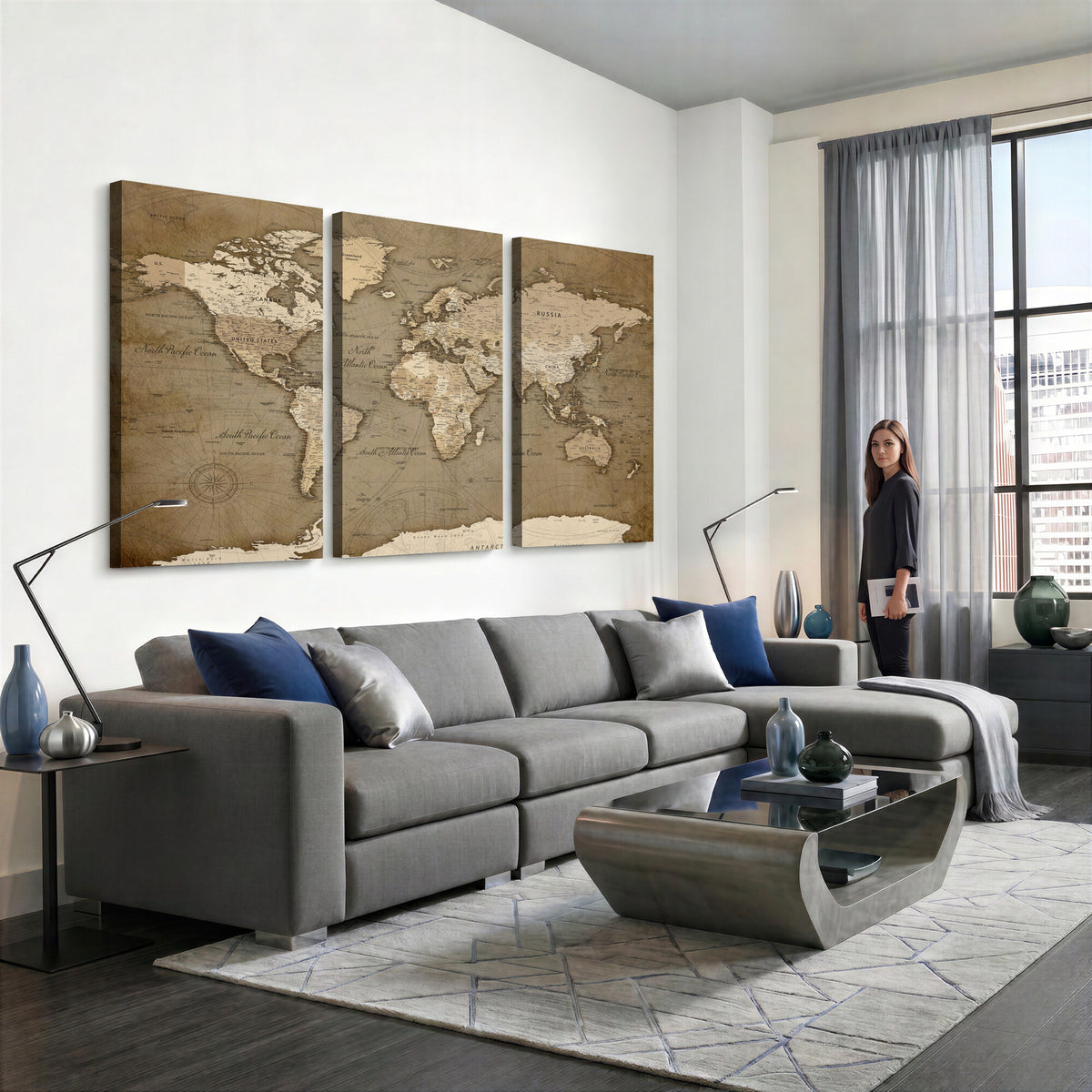 82314635-MGV-CV-36X24 - World Map Wall Art Canvas Print, Modern Decorative Framed Map Artwork Prints for Living Room, Office, Bedroom Wall Decor