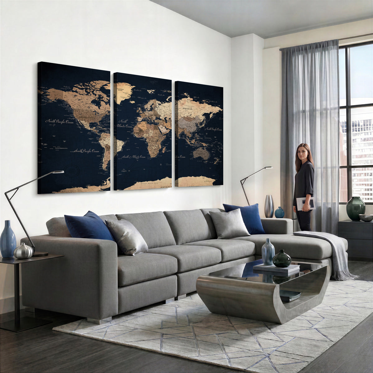 53971530-MGV-CV-36X24 - World Map Wall Art Canvas Print, Modern Decorative Framed Map Artwork Prints for Living Room, Office, Bedroom Wall Decor