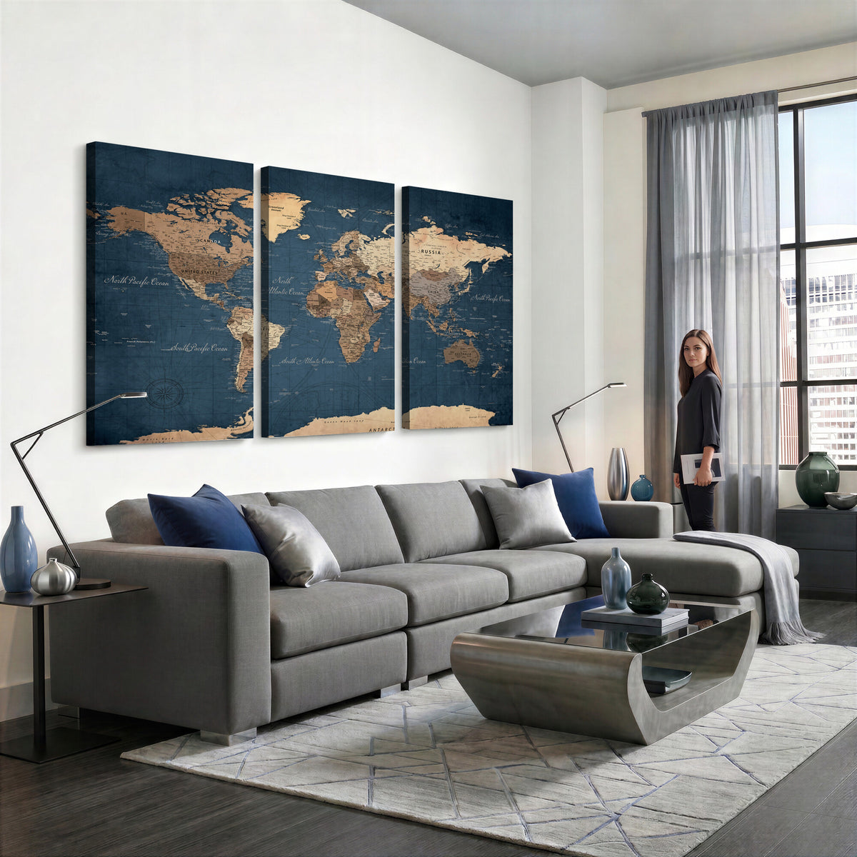 69886352-MGV-CV-36X24 - World Map Wall Art Canvas Print, Modern Decorative Framed Map Artwork Prints for Living Room, Office, Bedroom Wall Decor