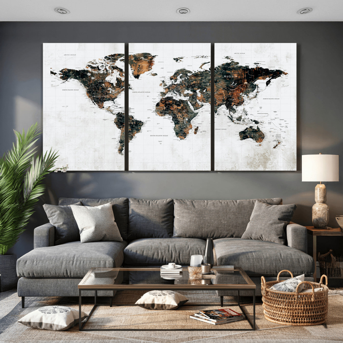 60008766-MGV-CV-36X24 - World Map Wall Art Canvas Print, Modern Decorative Framed Map Artwork Prints for Living Room, Office, Bedroom Wall Decor