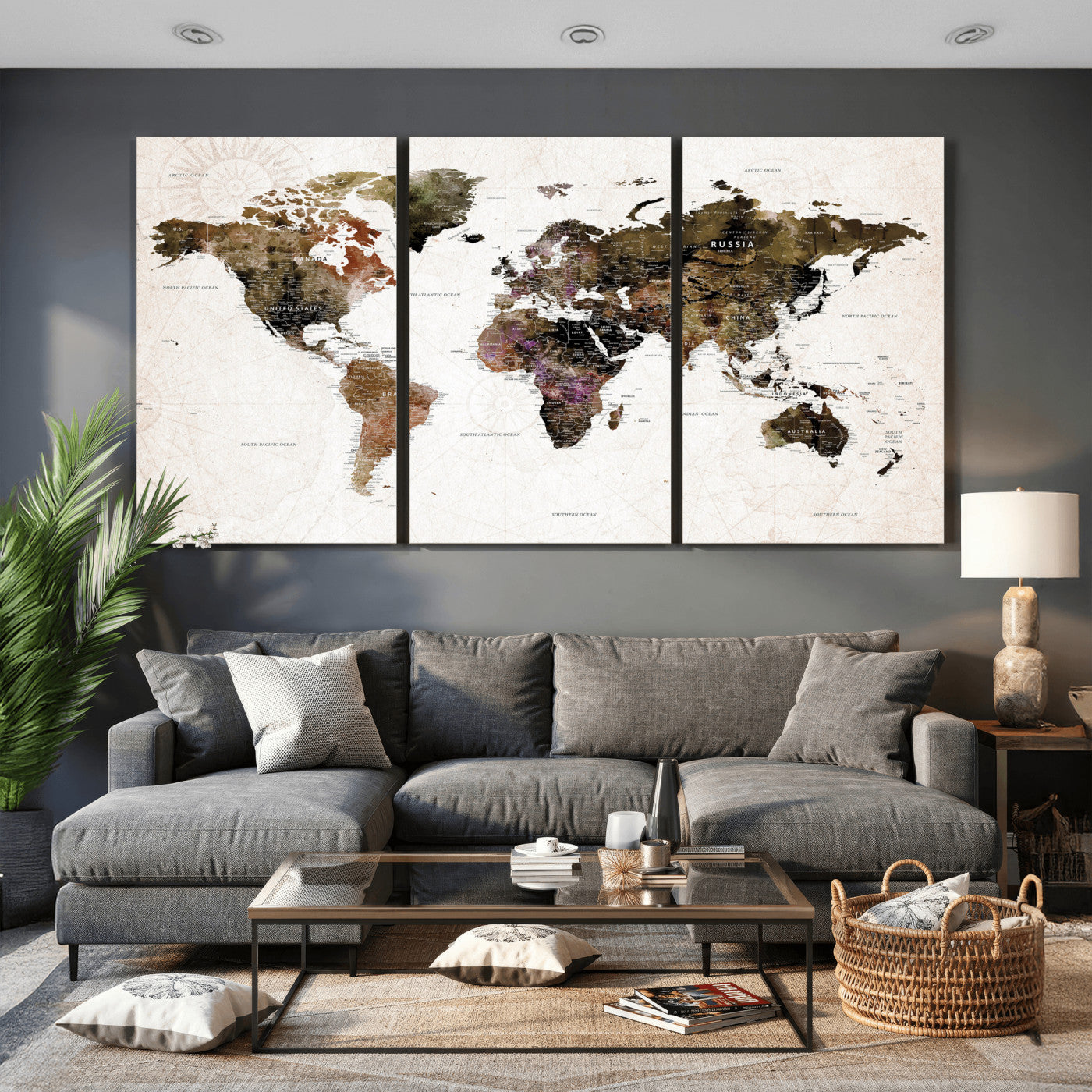 77651968-MGV-CV-36X24 - World Map Wall Art Canvas Print, Modern Decorative Framed Map Artwork Prints for Living Room, Office, Bedroom Wall Decor