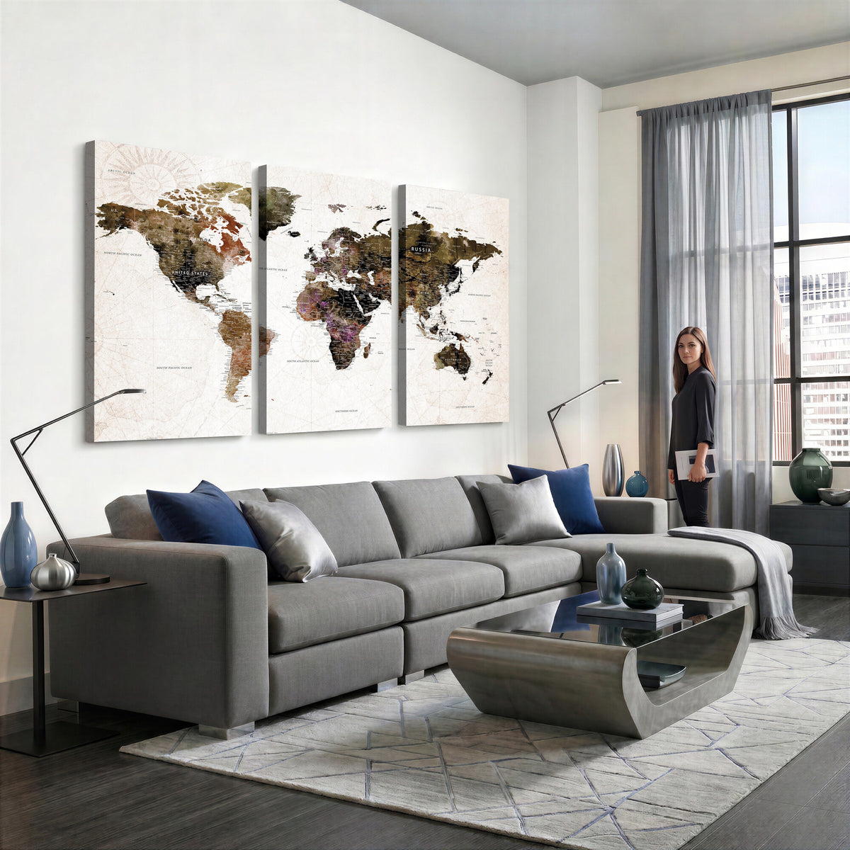 77651968-MGV-CV-36X24 - Watercolor World Map Print - Large Wall Art Canvas Print for