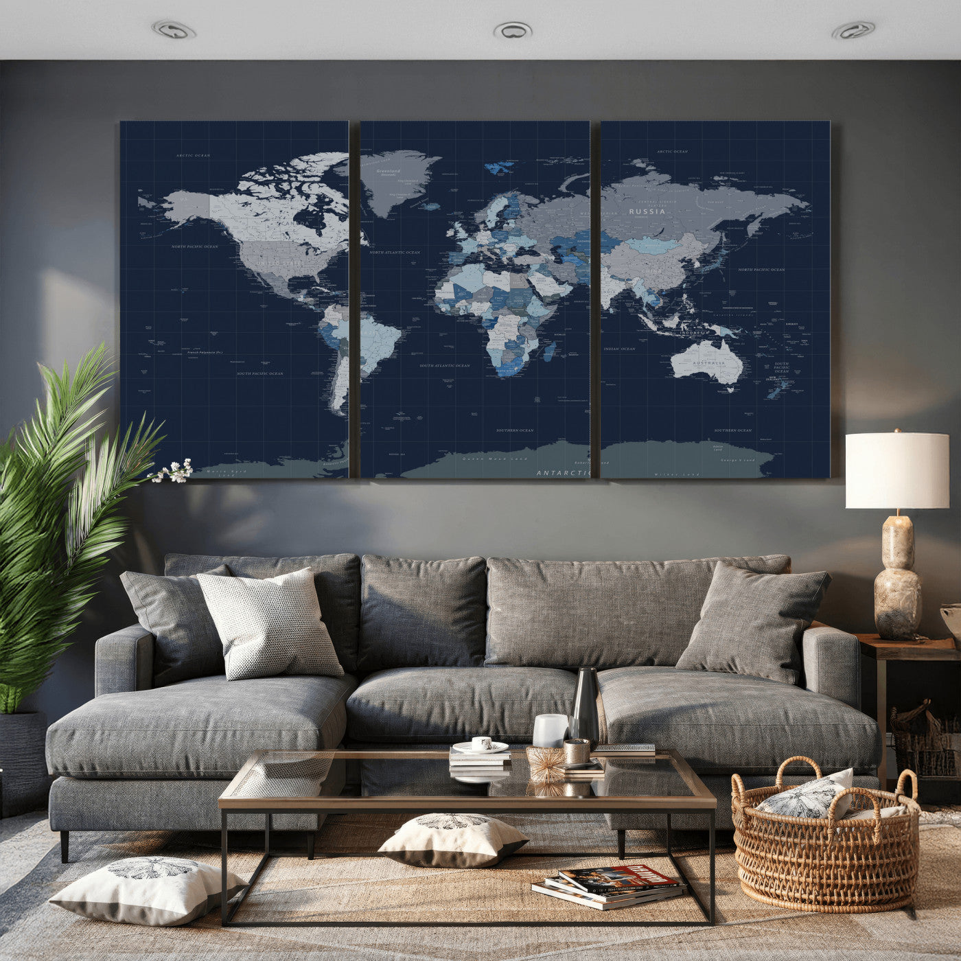 17712680-MGV-CV-36X24 - World Map Wall Art Canvas Print, Modern Decorative Framed Map Artwork Prints for Living Room, Office, Bedroom Wall Decor