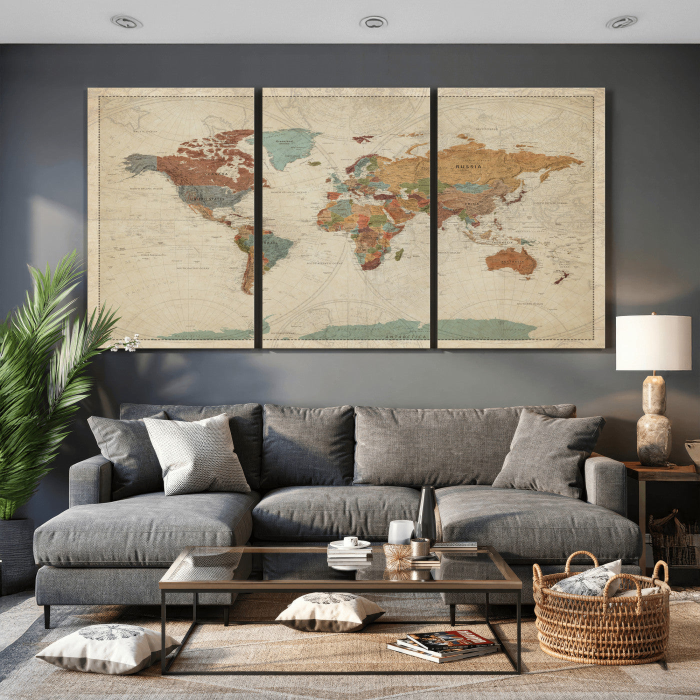 68428598-MGV-CV-36X24 - World Map Wall Art Canvas Print, Modern Decorative Framed Map Artwork Prints for Living Room, Office, Bedroom Wall Decor
