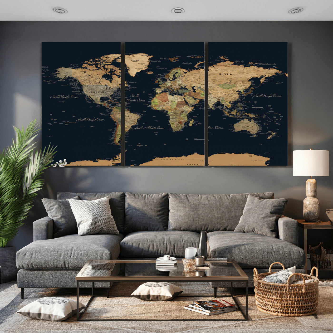94449133-MGV-CV-36X24 - World Map Wall Art Canvas Print, Modern Decorative Framed Map Artwork Prints for Living Room, Office, Bedroom Wall Decor