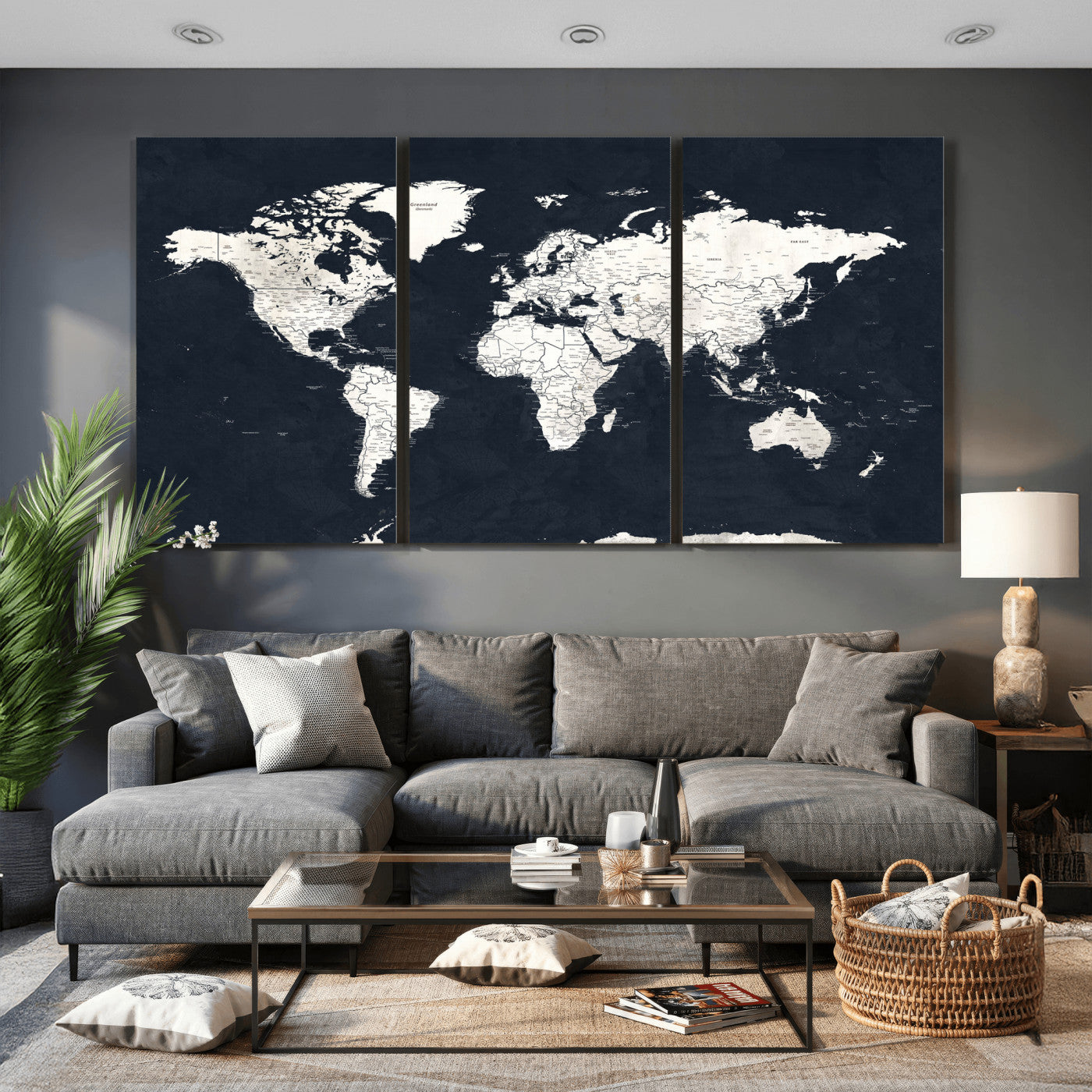 11963807-MGV-CV-36X24 - World Map Wall Art Canvas Print, Modern Decorative Framed Map Artwork Prints for Living Room, Office, Bedroom Wall Decor