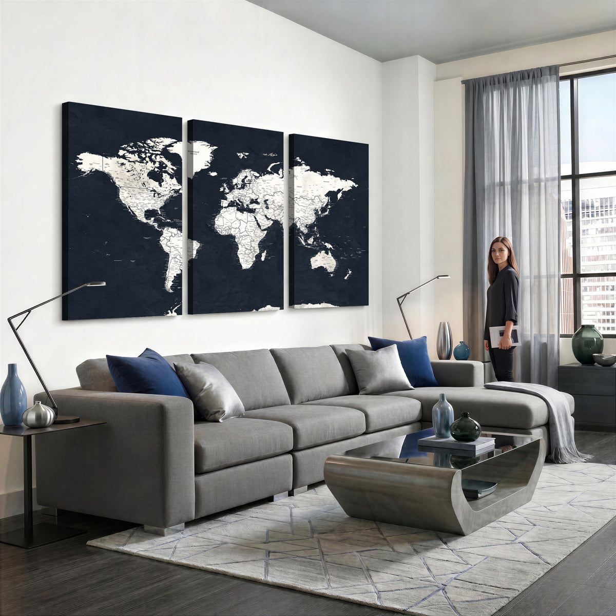11963807-MGV-CV-36X24 - Black World Map Wall Art Canvas Print for Home Office and Meeting Room Decor