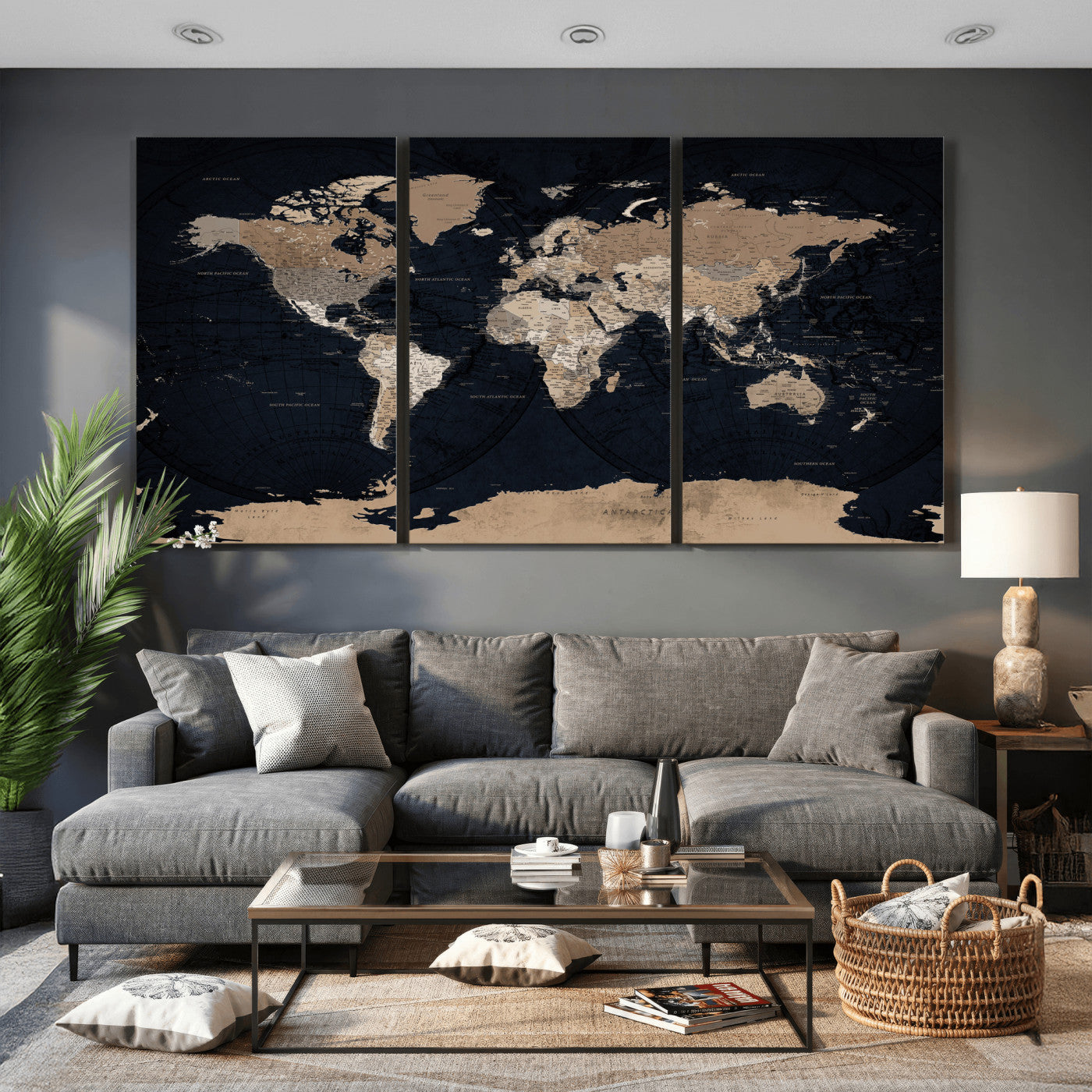25812727-MGV-CV-36X24 - World Map Wall Art Canvas Print, Modern Decorative Framed Map Artwork Prints for Living Room, Office, Bedroom Wall Decor