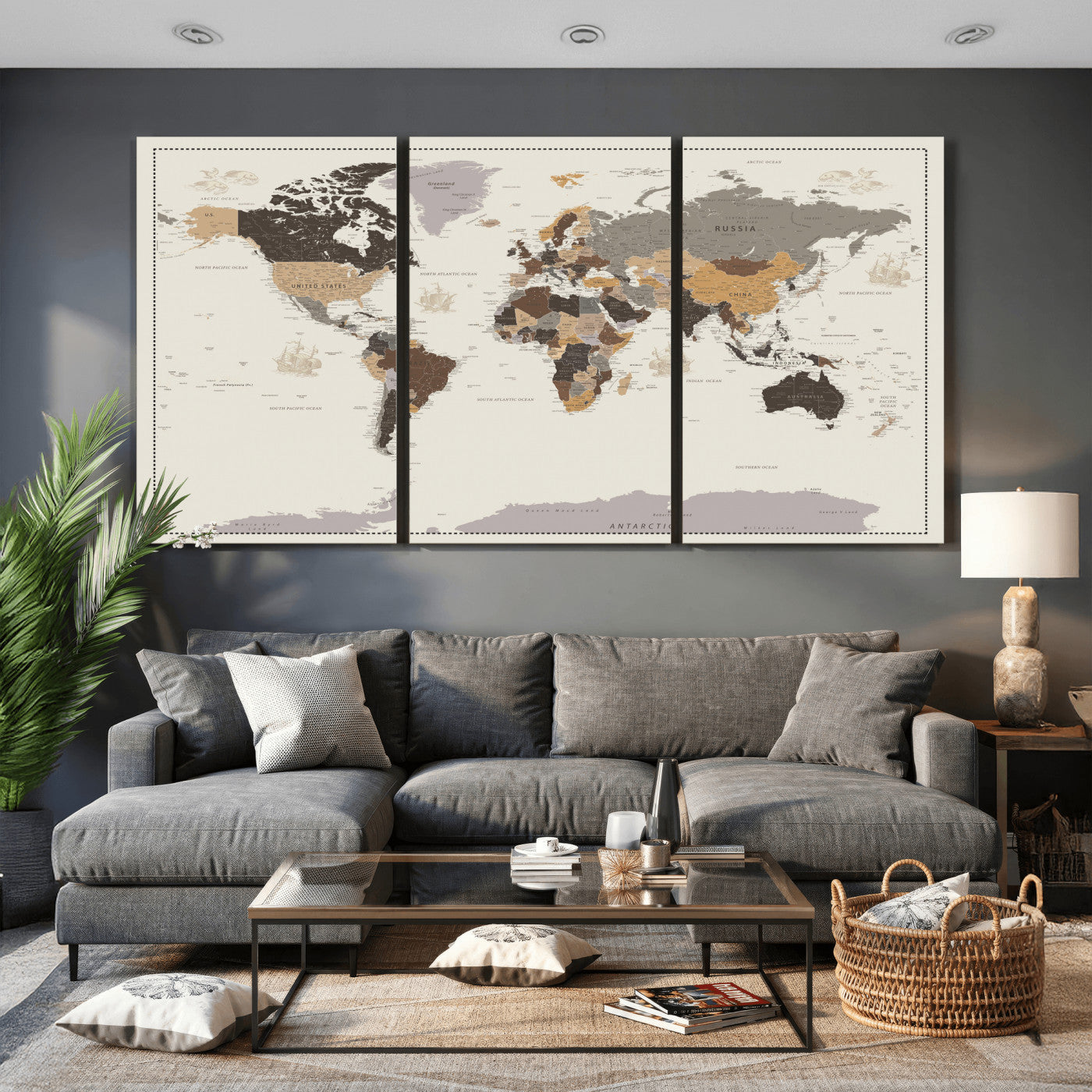 58777746-MGV-CV-36X24 - World Map Wall Art Canvas Print, Modern Decorative Framed Map Artwork Prints for Living Room, Office, Bedroom Wall Decor