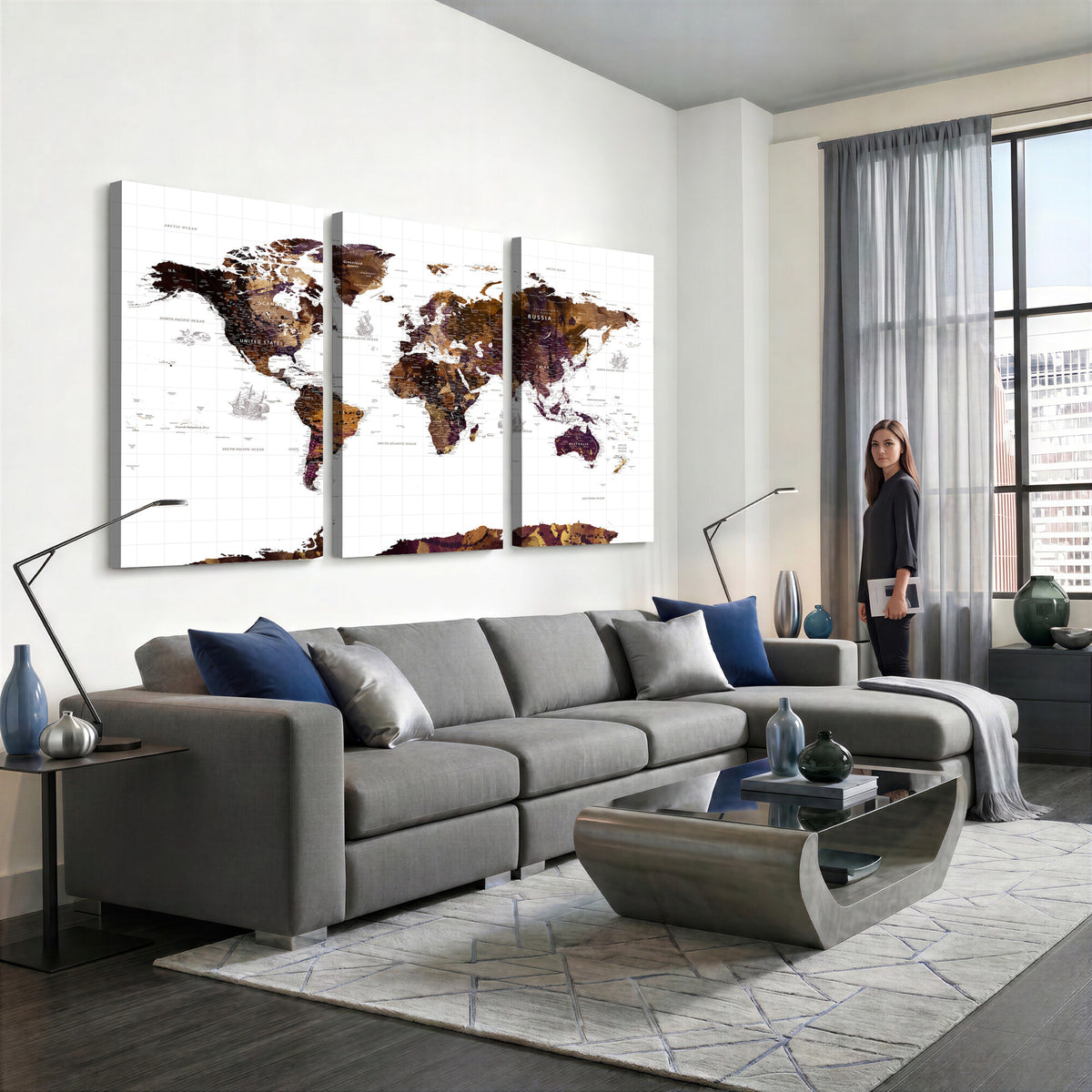 34792695-MGV-CV-36X24 - Rustic World Map Wall Art Canvas Print | Large Vintage Blue World Map on Wood Grain Style Background