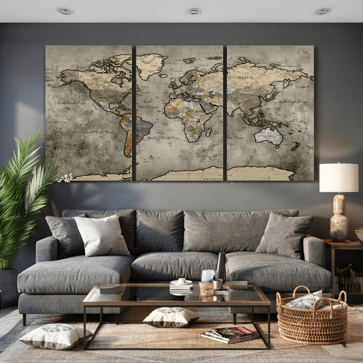 85218700-MGV-CV-36X24 - World Map Wall Art Canvas Print, Modern Decorative Framed Map Artwork Prints for Living Room, Office, Bedroom Wall Decor