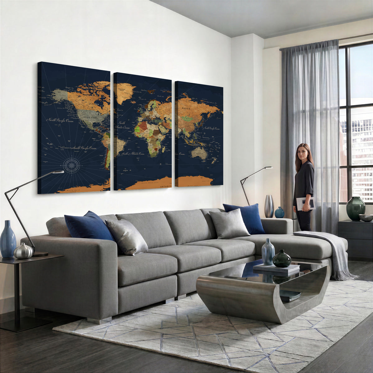 11715182-MGV-CV-36X24 - Modern World Map Canvas Print, Framed Detailed Map of the World Wall Art