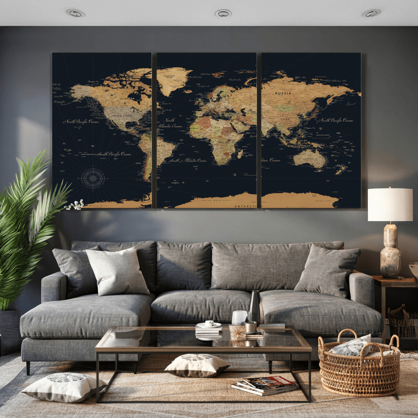 87280374-MGV-CV-36X24 - World Map Wall Art Canvas Print, Modern Decorative Framed Map Artwork Prints for Living Room, Office, Bedroom Wall Decor