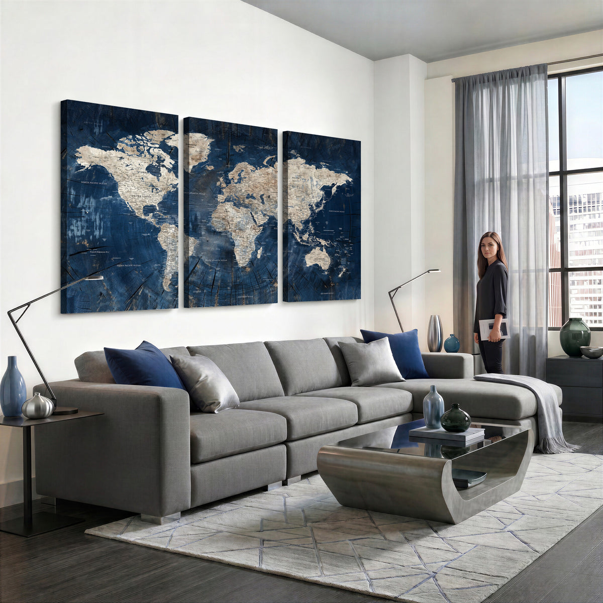 56126010-MGV-CV-36X24 - Large Blue World Map Wall Art Canvas Print for Home Office