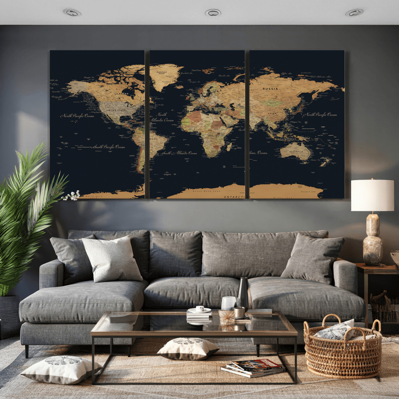 36916368-MGV-CV-36X24 - World Map Wall Art Canvas Print, Modern Decorative Framed Map Artwork Prints for Living Room, Office, Bedroom Wall Decor